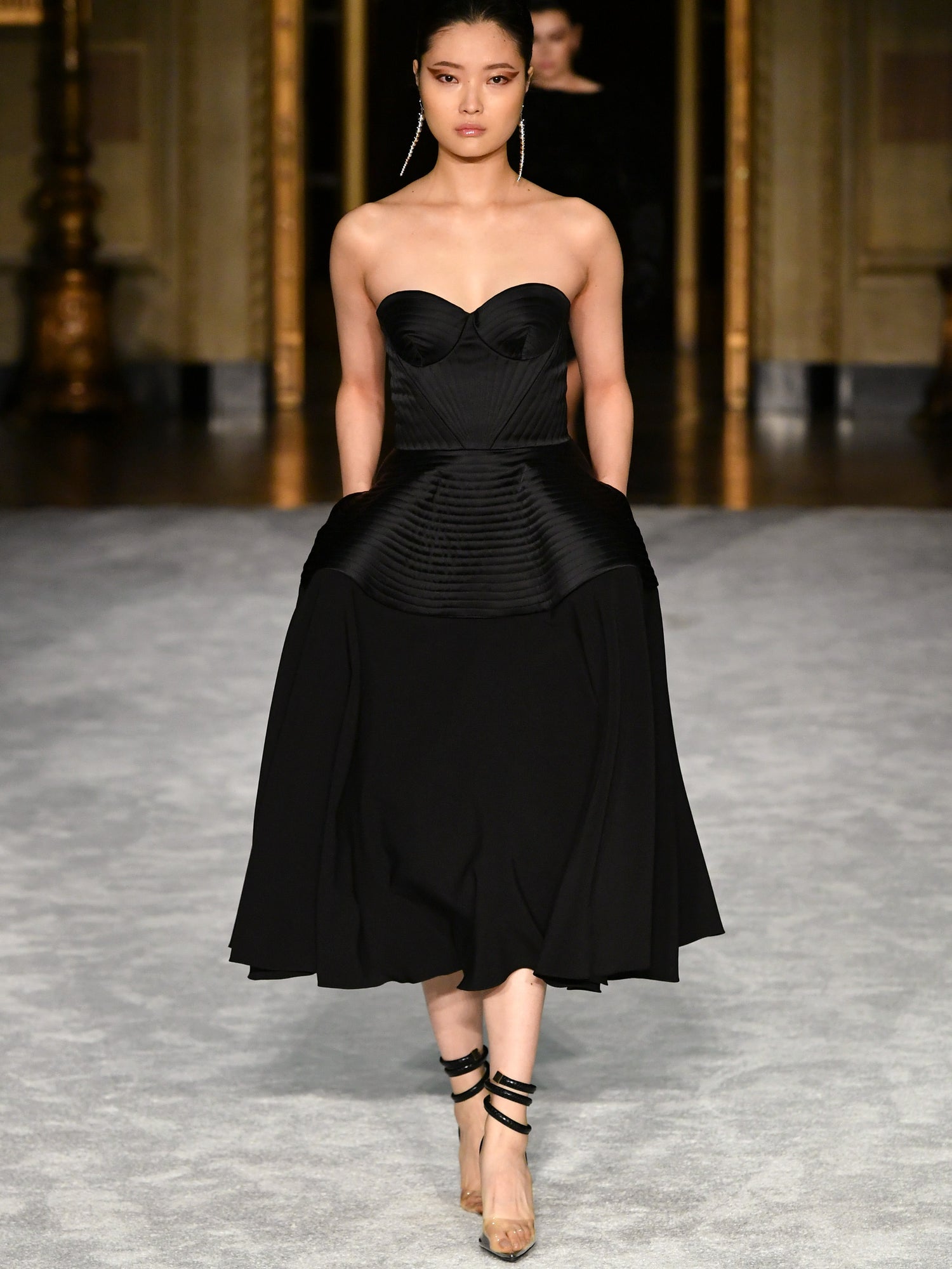 Strapless Top Stitched Detail Tea Length Dress