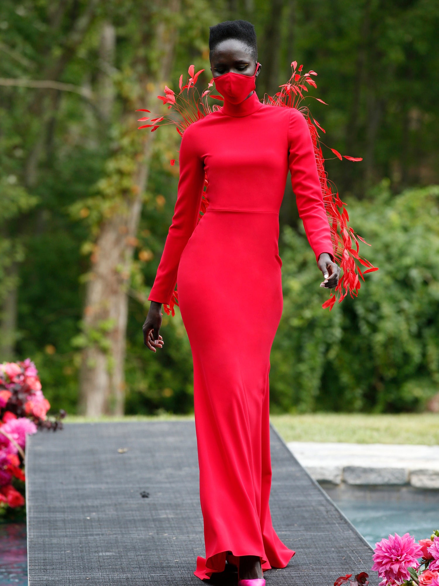 Red Mock Neck Feather Detail Gown