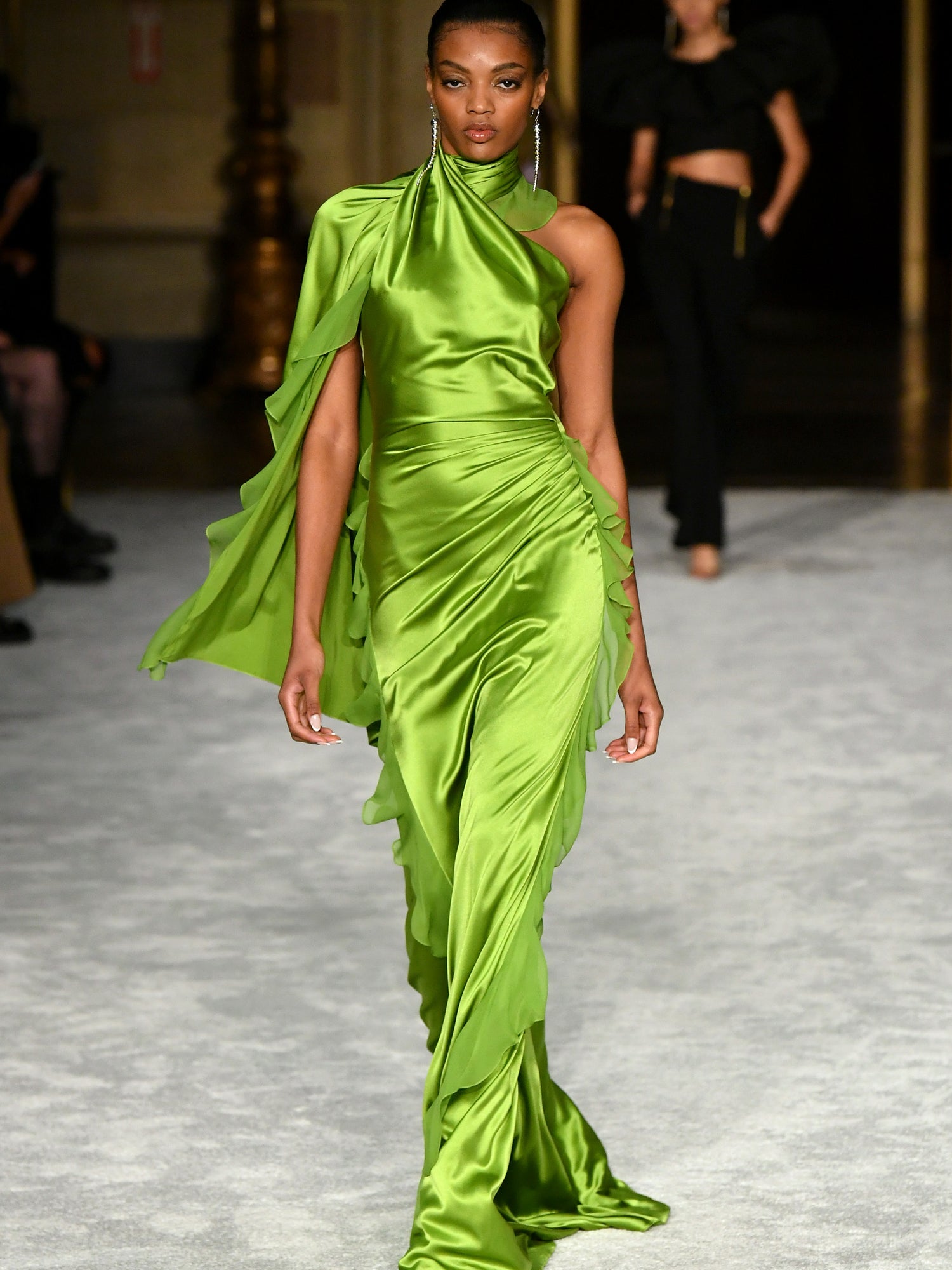 Glowing Green Mock Neck Ruffled Detail Gown