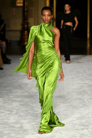 Glowing Green Mock Neck Ruffled Detail Gown
