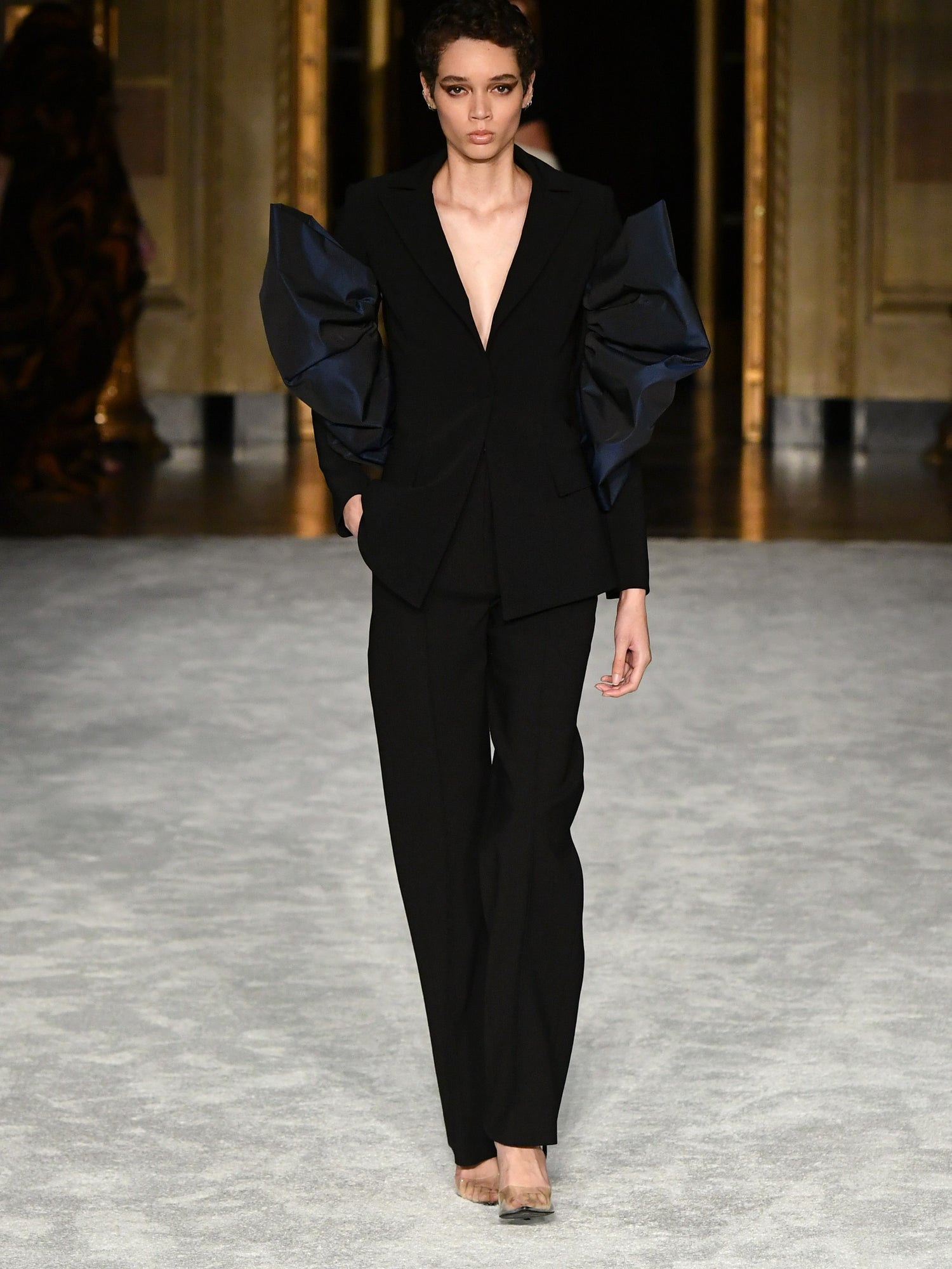 Navy Taffeta Sculptured Detail Single Button Blazer