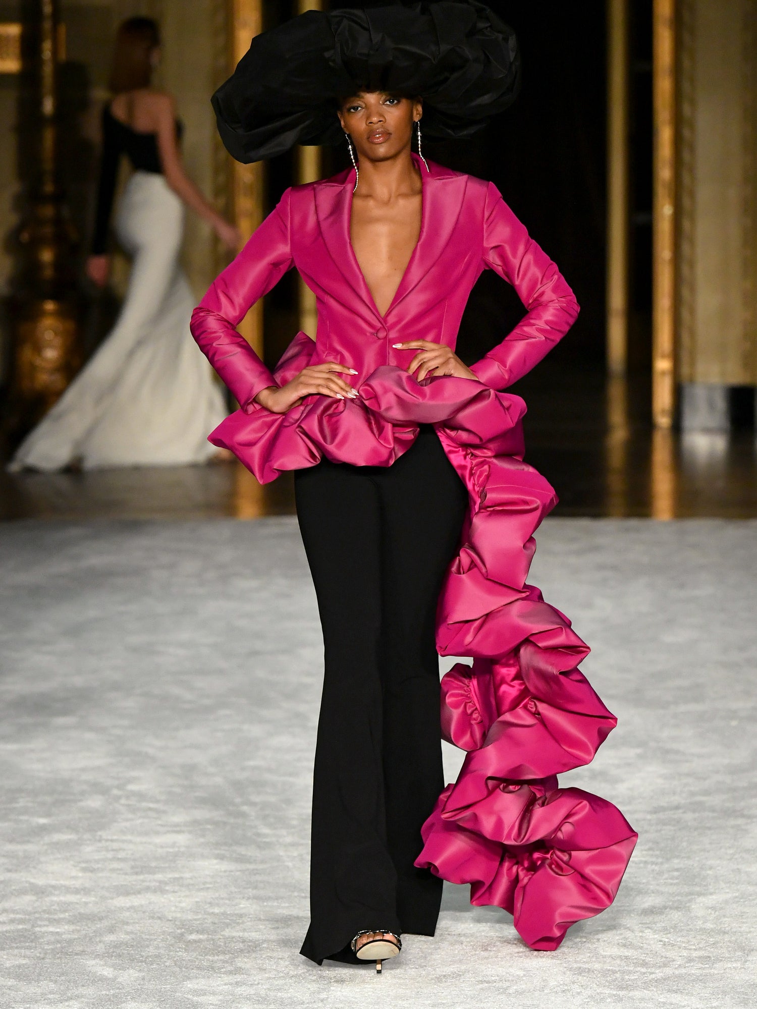 Luminous Pink Taffeta Sculpture Side Train Blazer