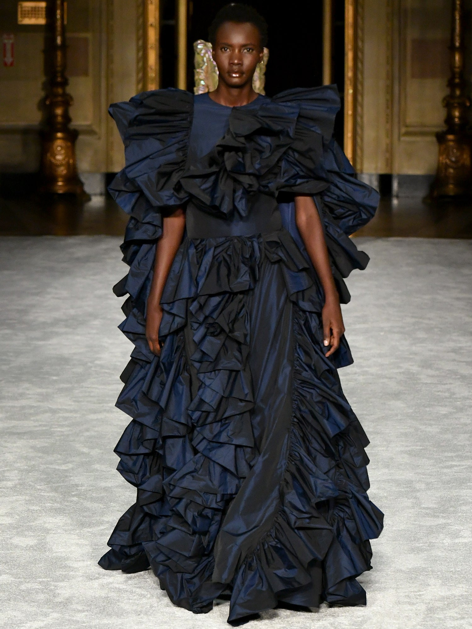 Navy Taffeta Ruffled Evening Gown