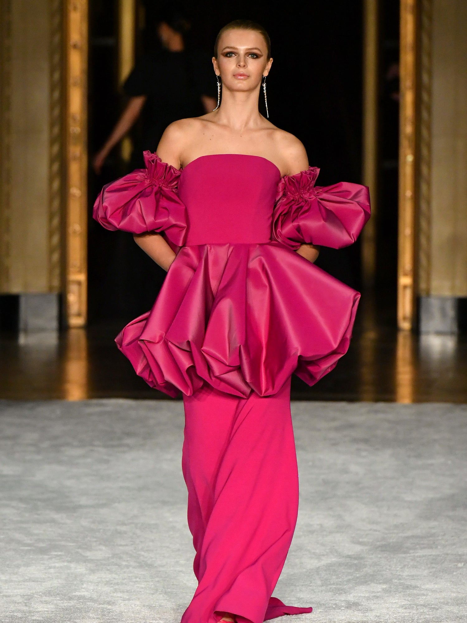 Luminous Pink Strapless Bubble Detail Gown