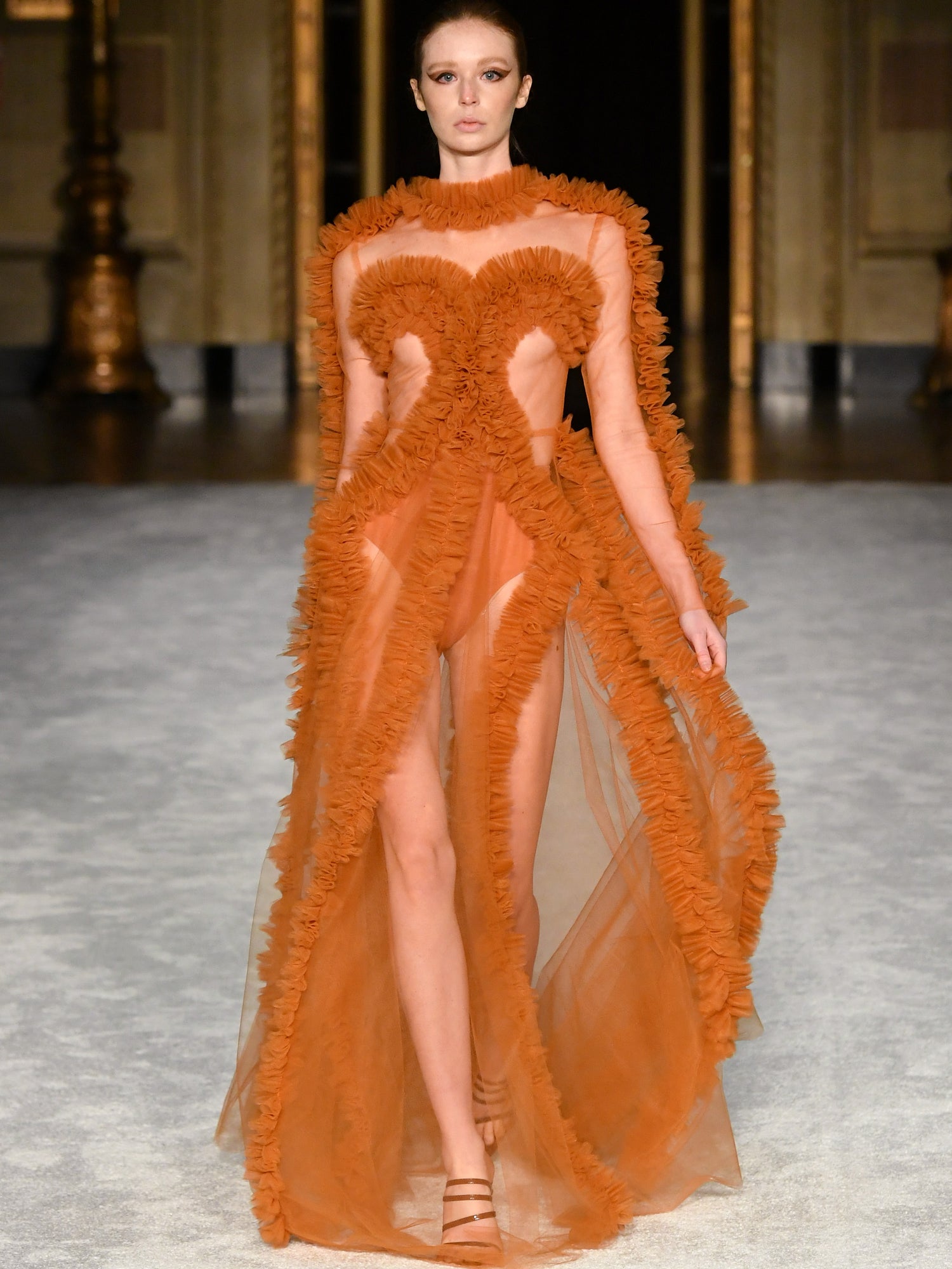 Copper Gathered Tulle Detail Gown