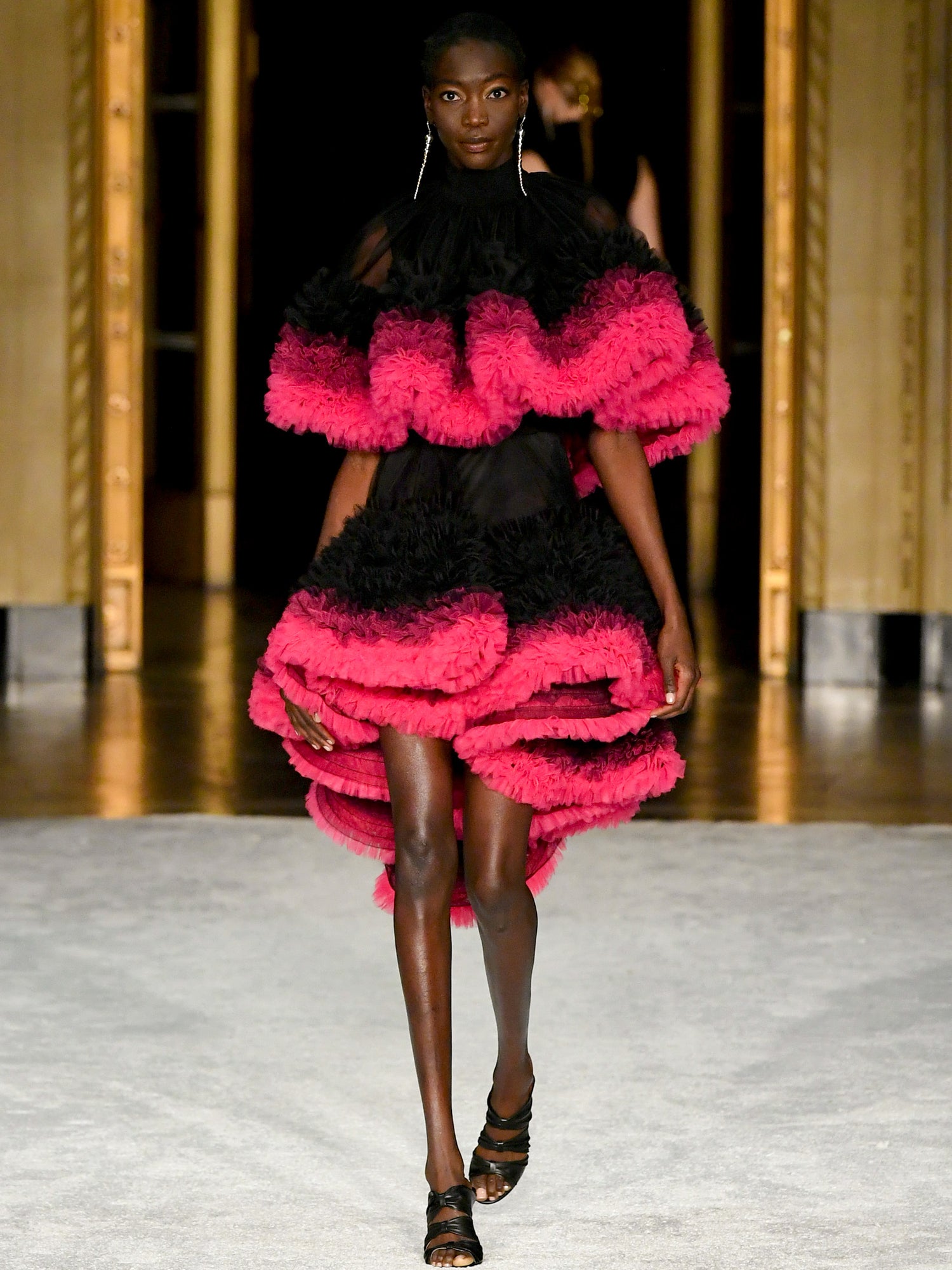 Mock Neck Embroidered Ombre Tulle High-Low Dress