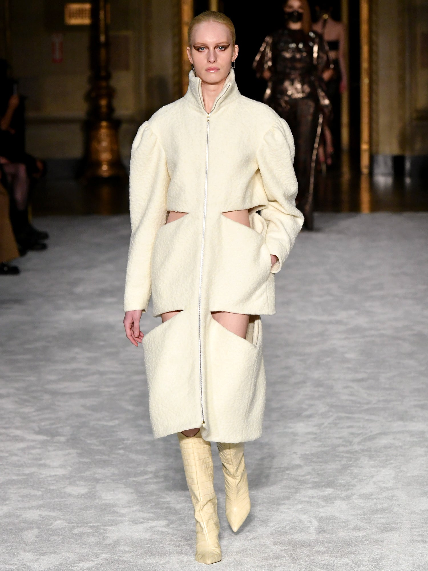 Ivory Boucle Cut-Out Mid-Length Coat