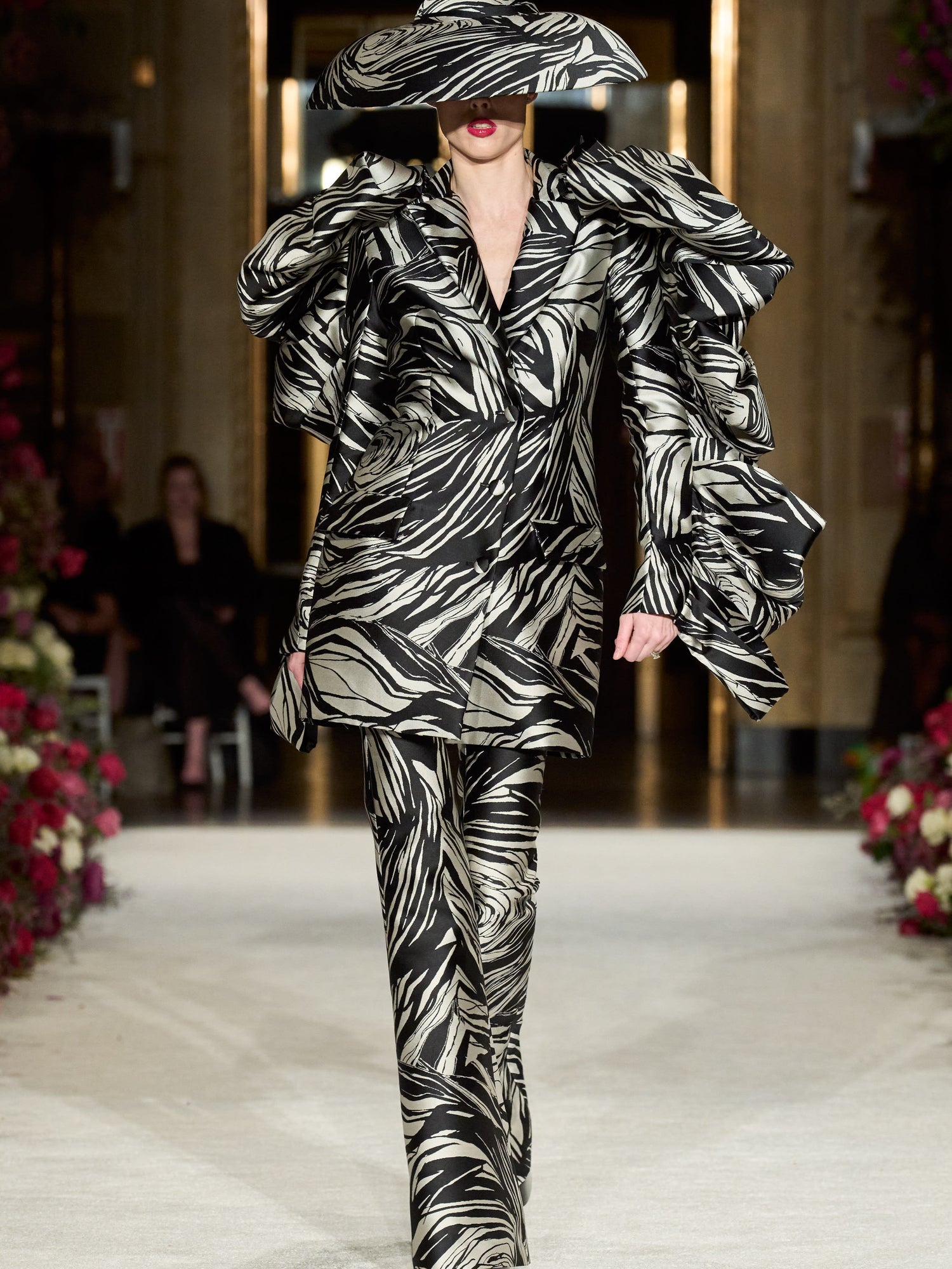 Metallic Rose Print Flare Trouser