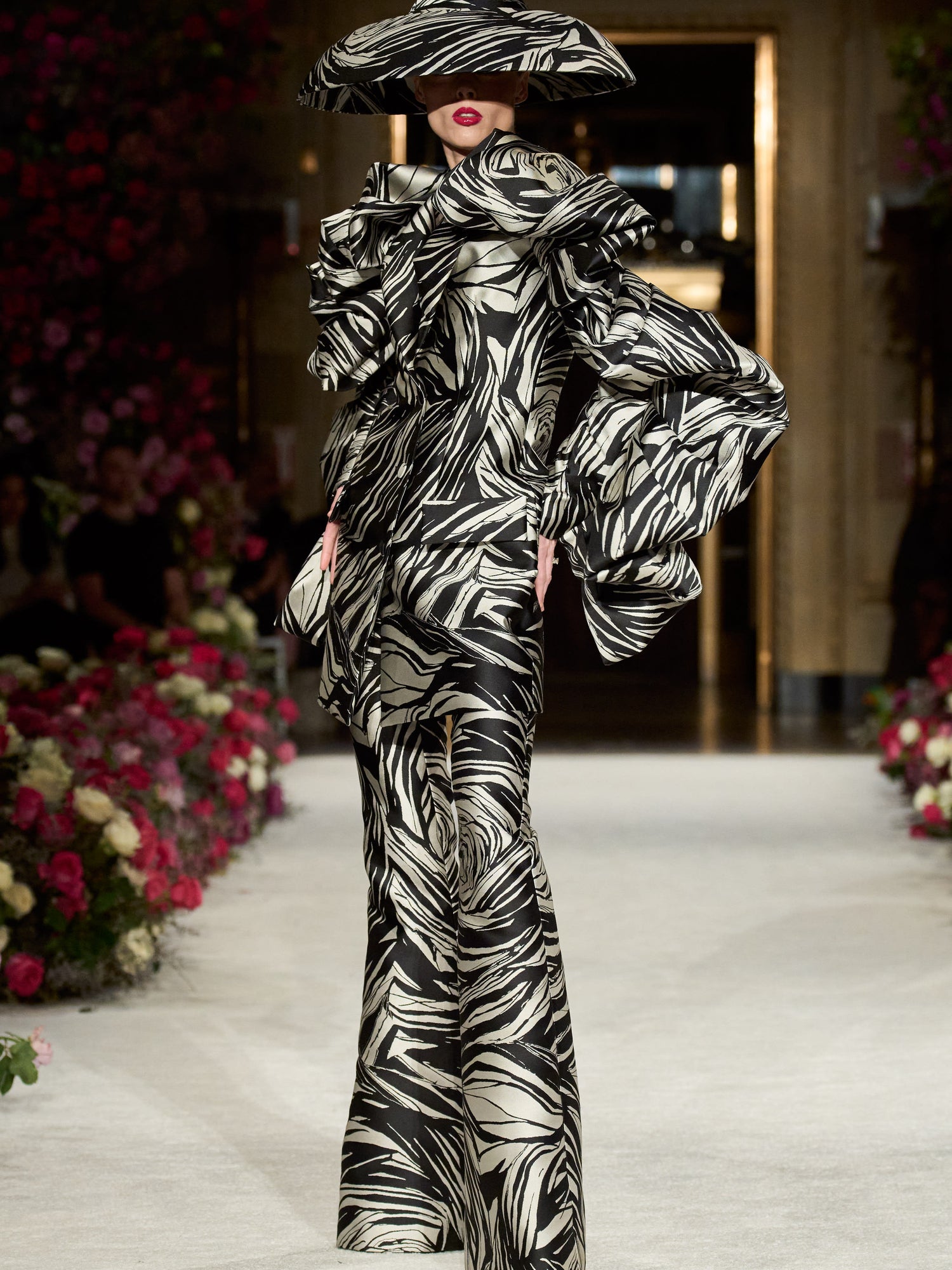 Metallic Rose Print Flare Trouser