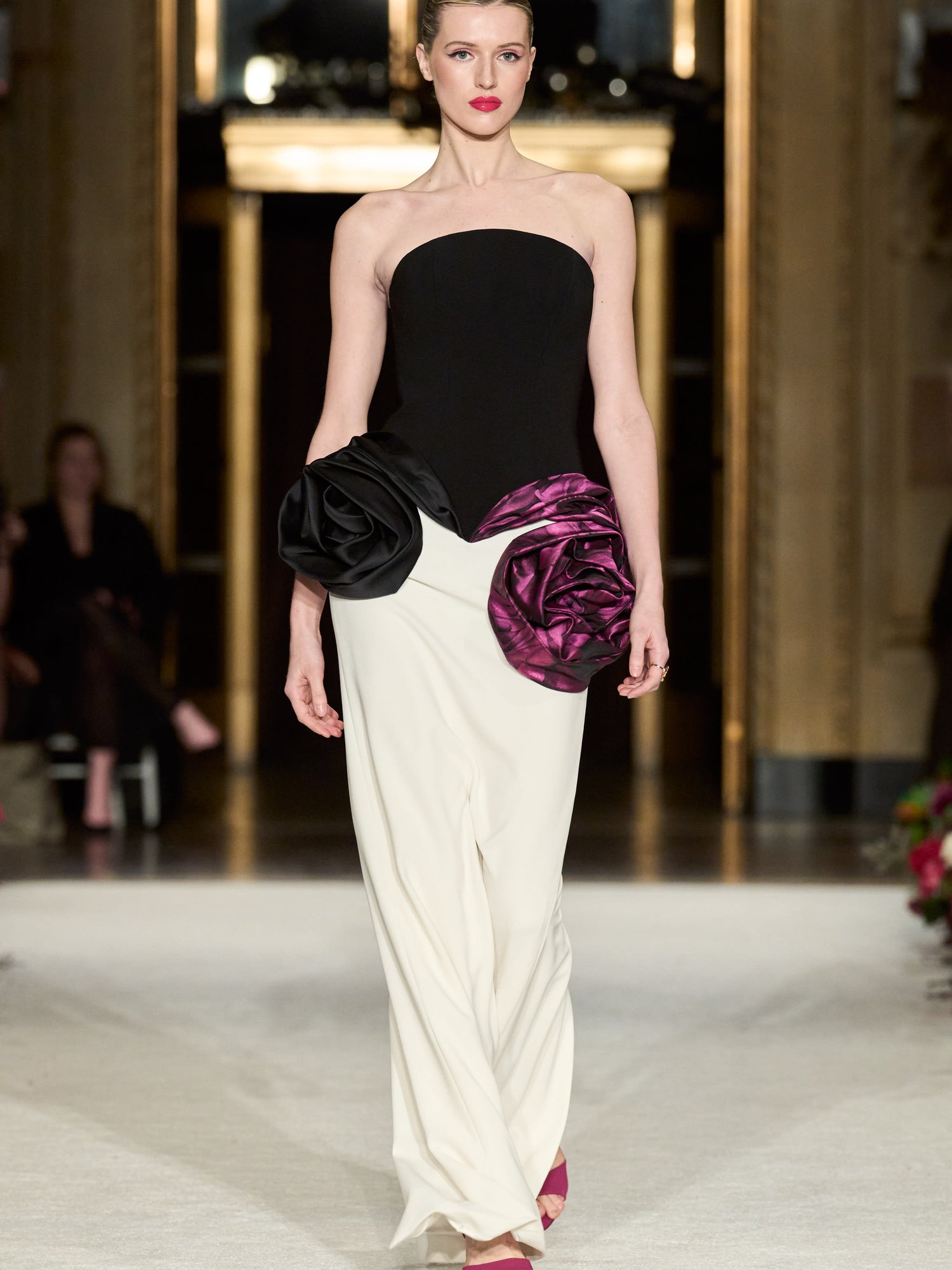 Strapless Drop Waist Rose Peplum Column Gown