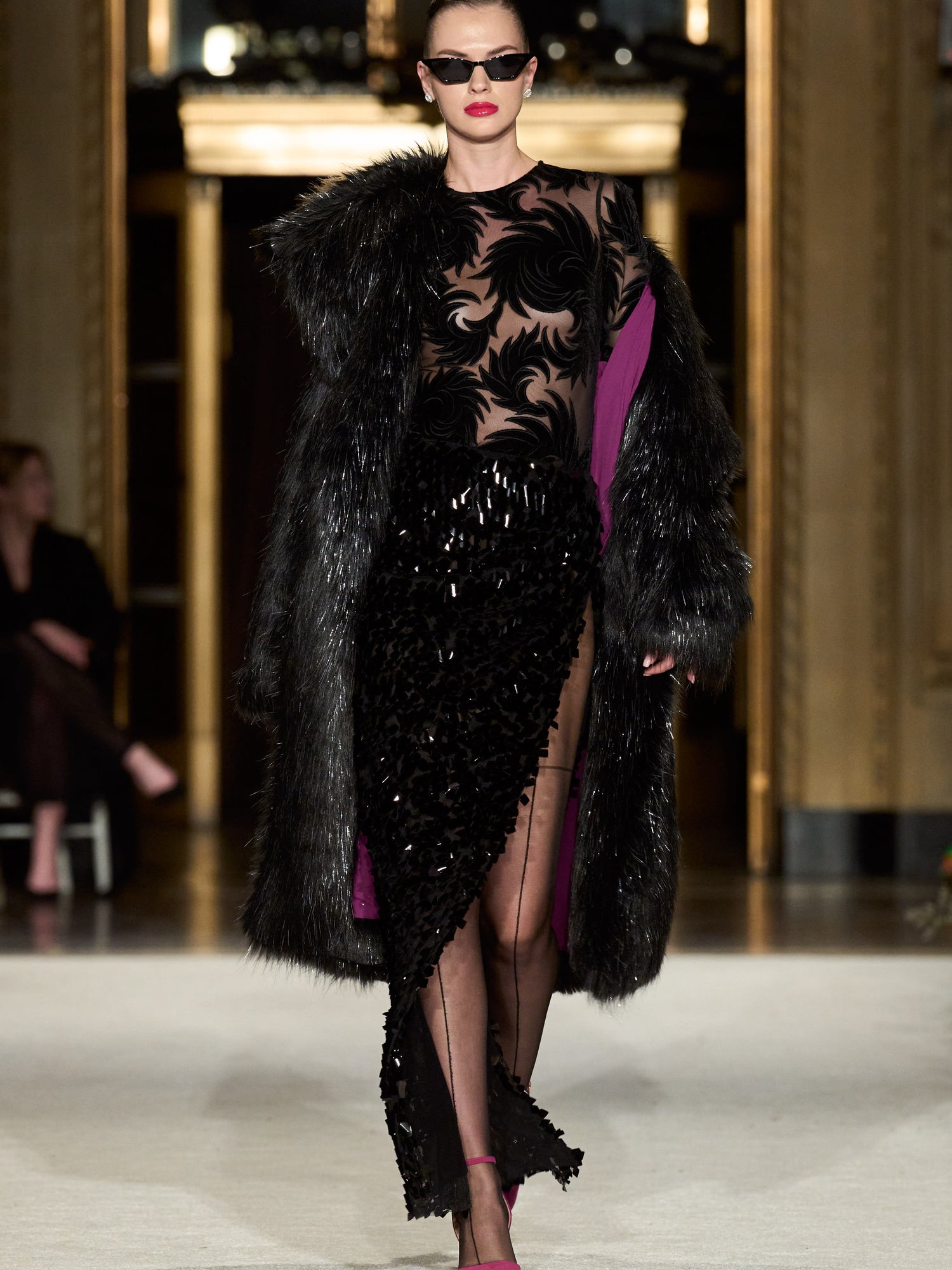 Black Metallic Faux Fur Coat