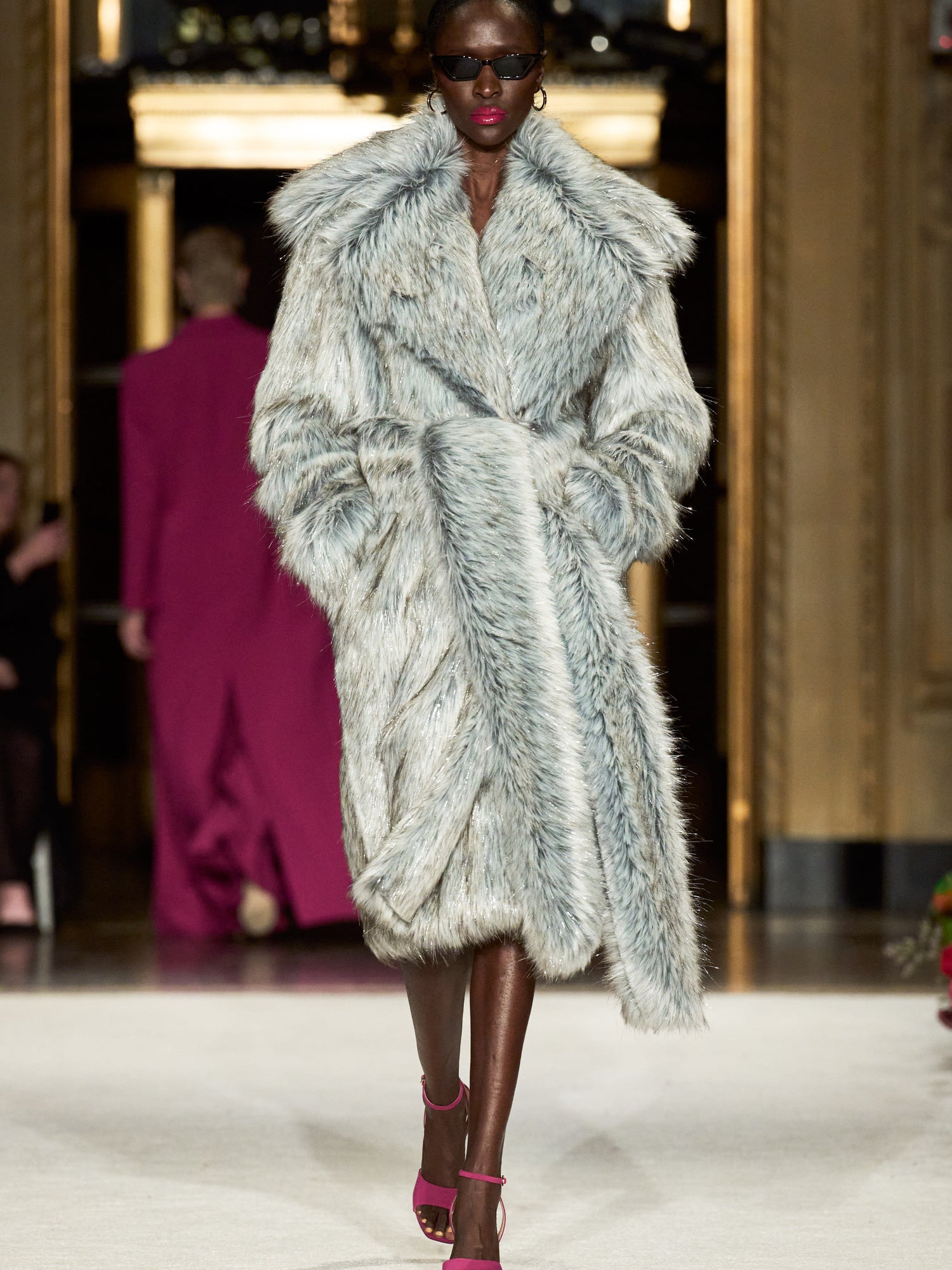 Grey Silver Metallic Faux Fur Coat