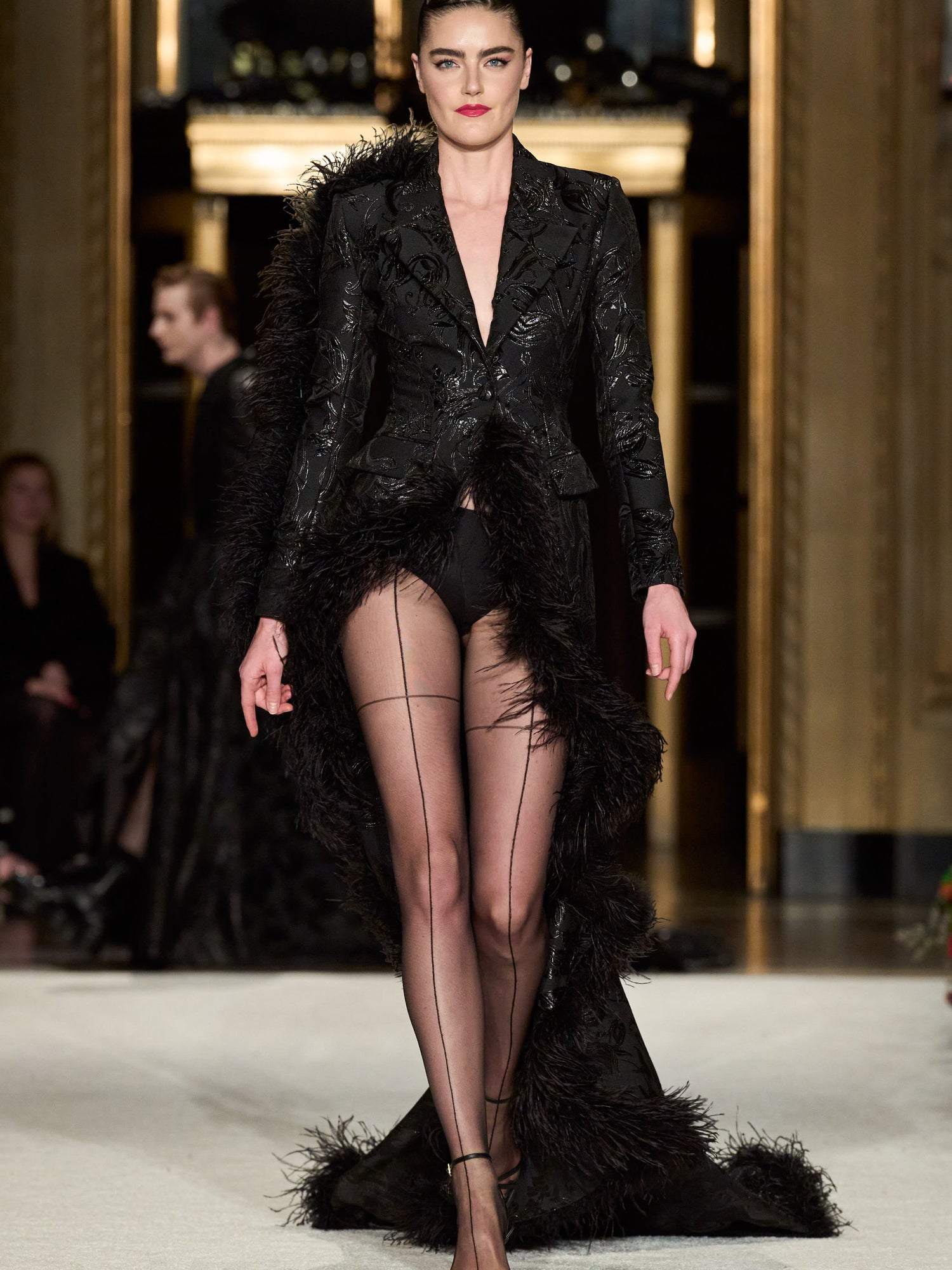 Metallic Brocade Asymmetrical Feather Trim Blazer