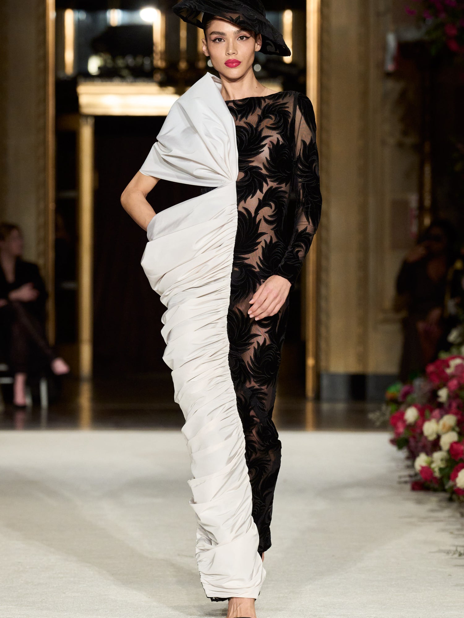 Burnout Velvet Gown with Draped Silk Faille Panel