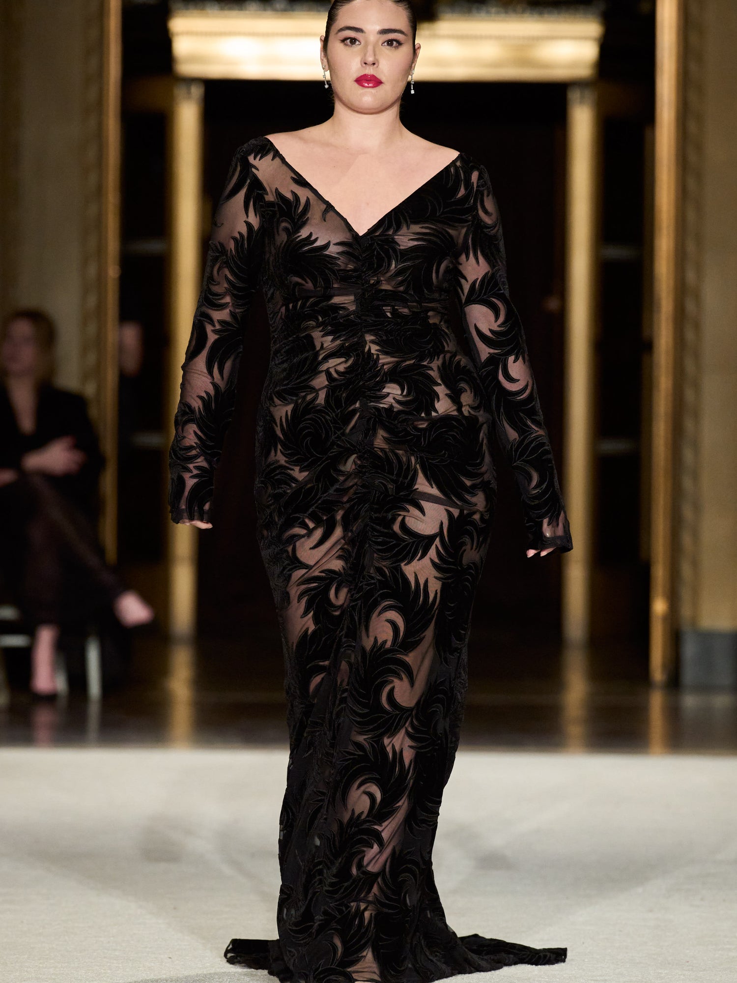 Long Sleeve V Neck Burnout Velvet Gown