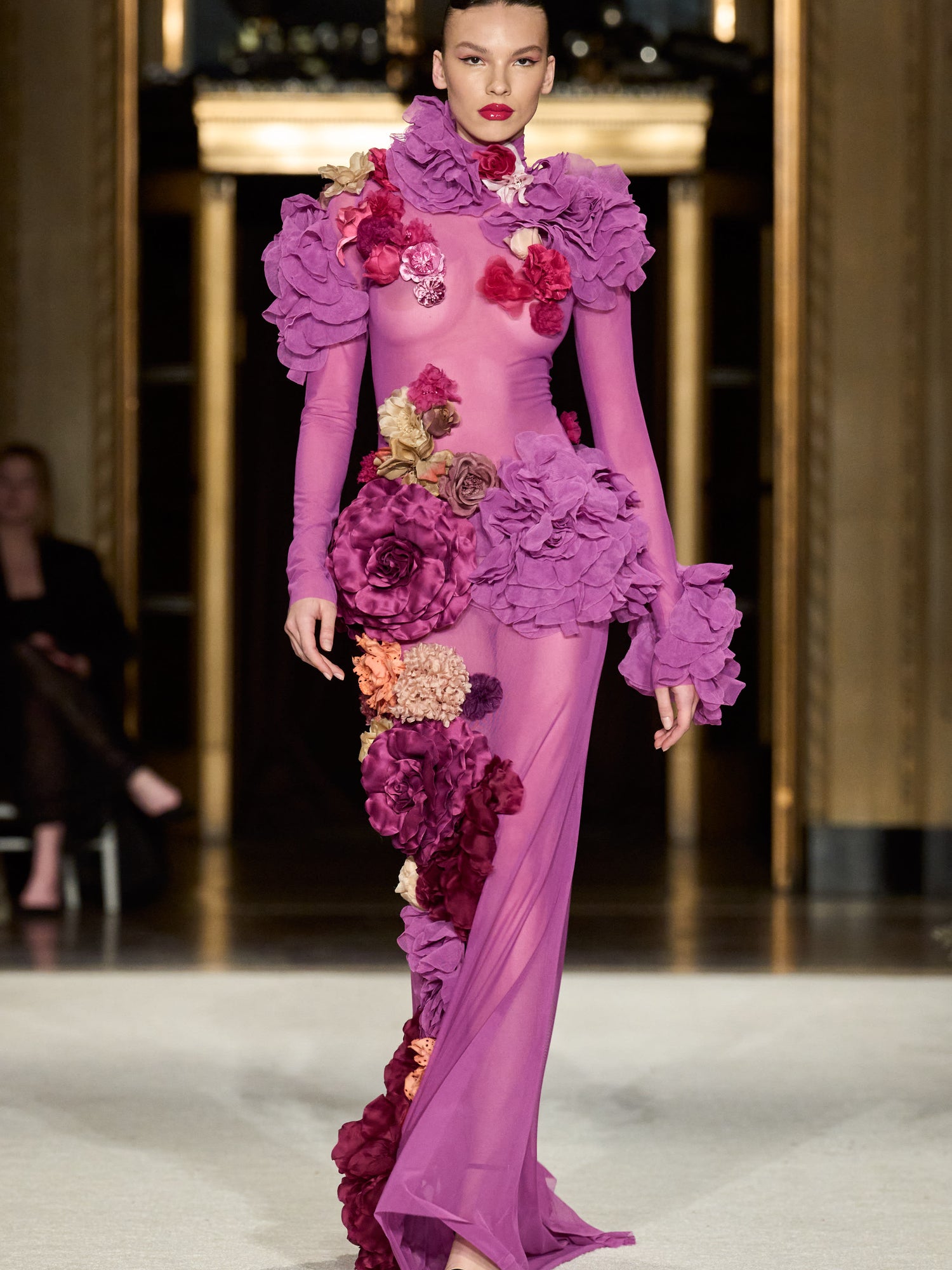 Floral Appliqué Mesh Gown