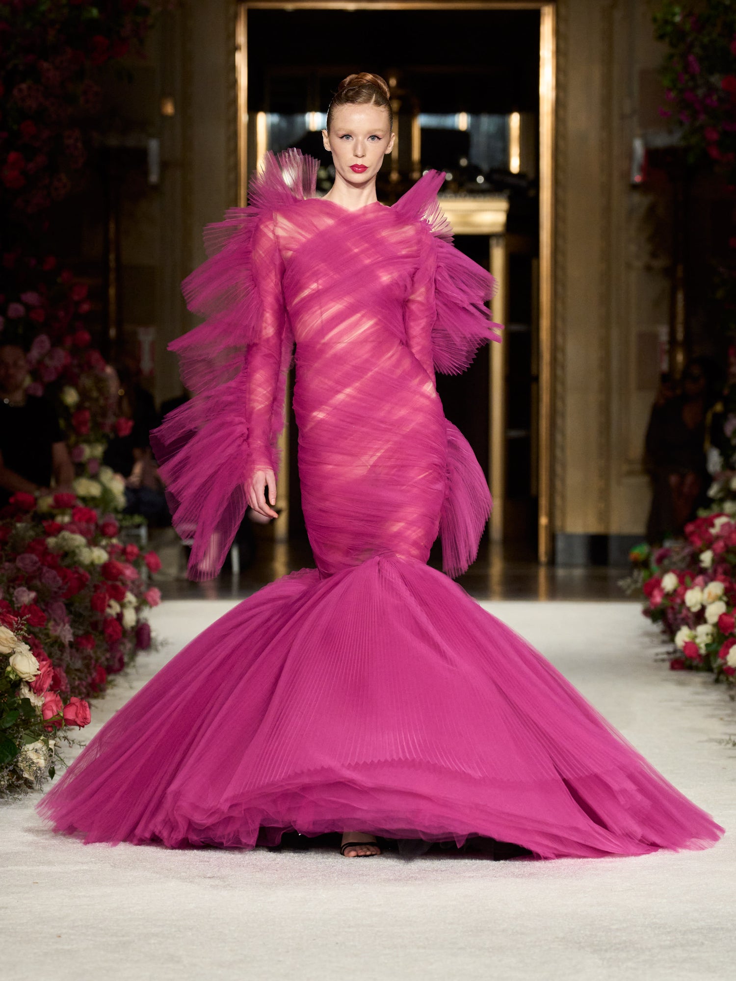 Orchid Draped Tulle Mermaid Gown