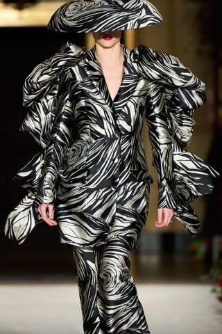 Metallic Rose Print Long Line Bubble Sleeve Blazer