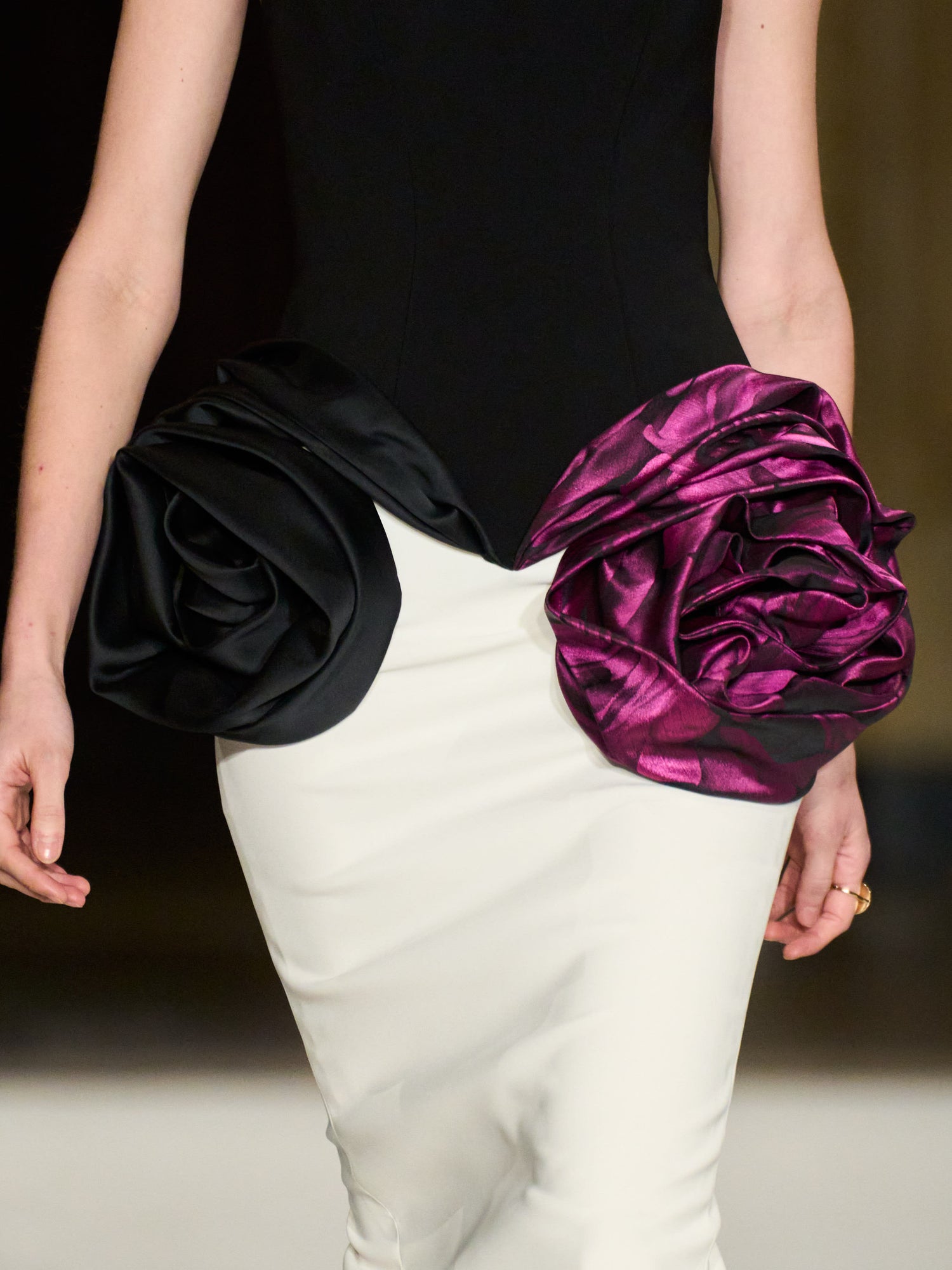 Strapless Drop Waist Rose Peplum Column Gown