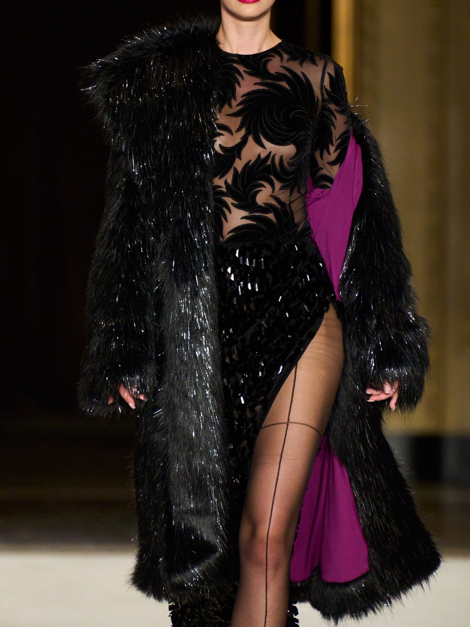 Black Metallic Faux Fur Coat