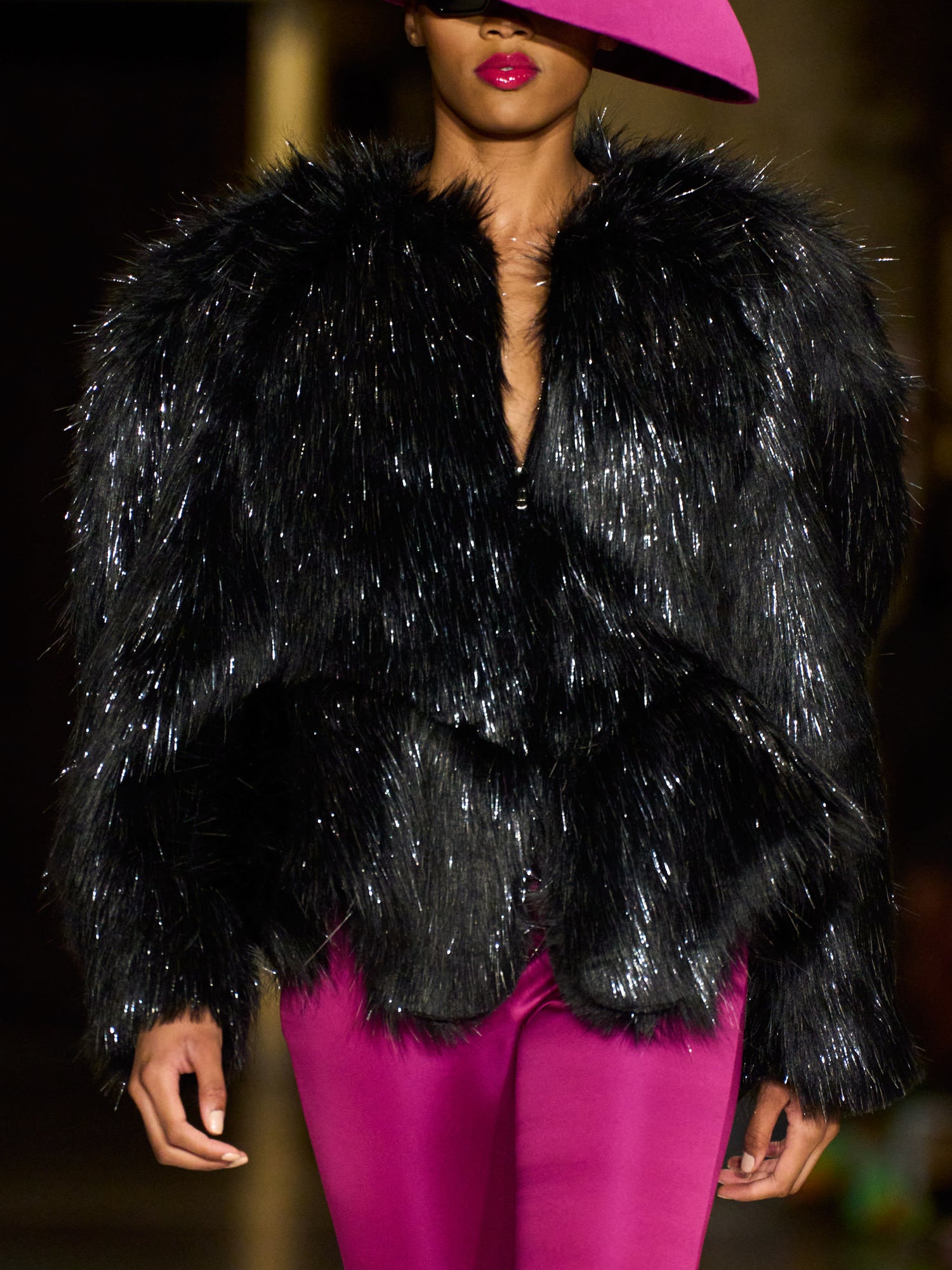 Black Metallic Faux Fur Peplum Jacket
