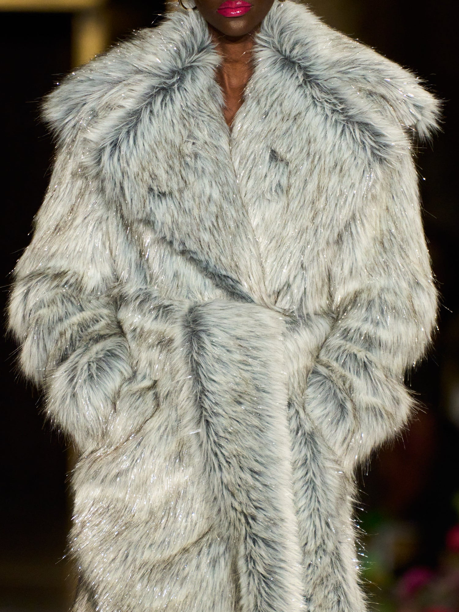 Grey Silver Metallic Faux Fur Coat