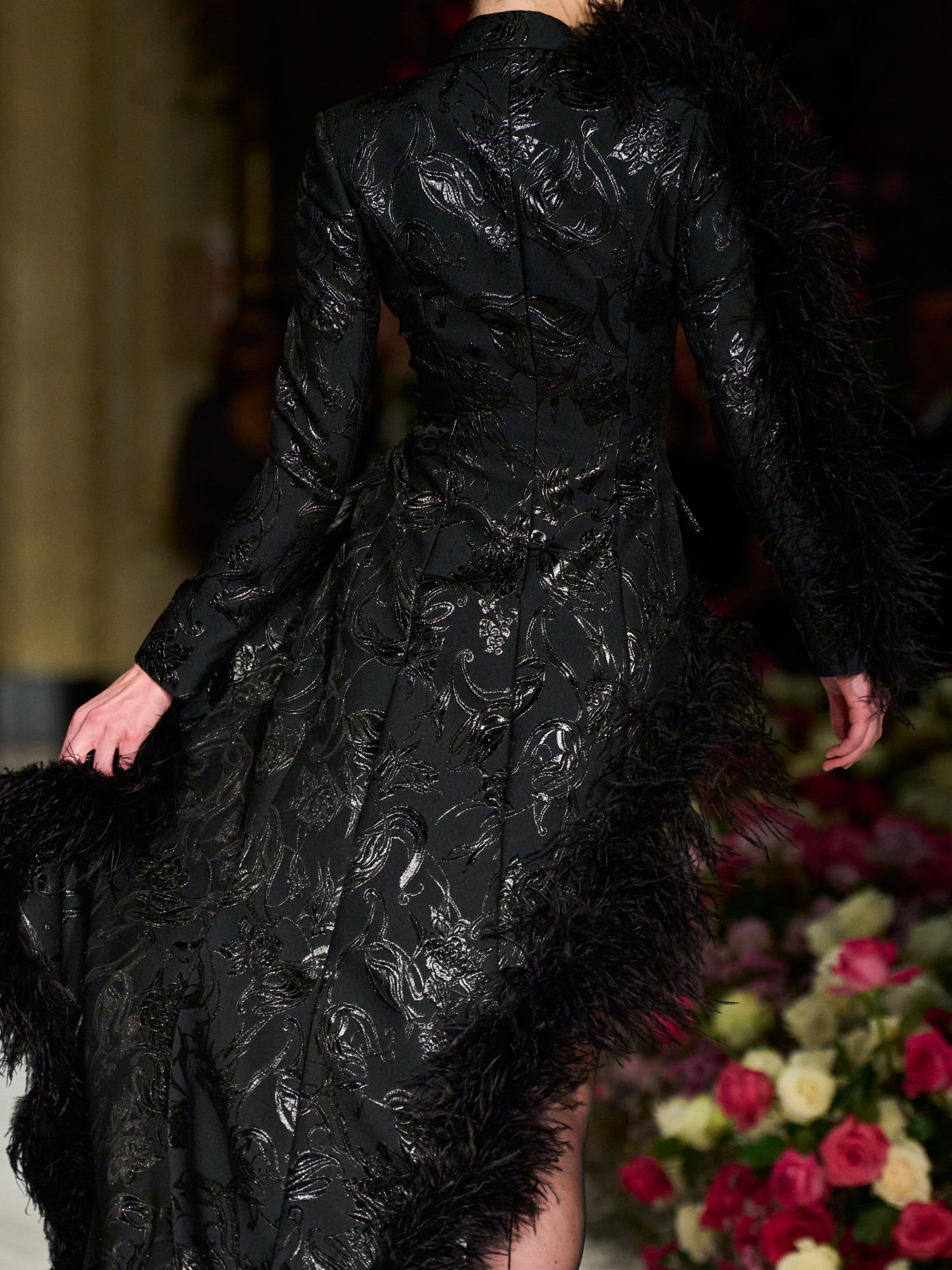 Metallic Brocade Asymmetrical Feather Trim Blazer