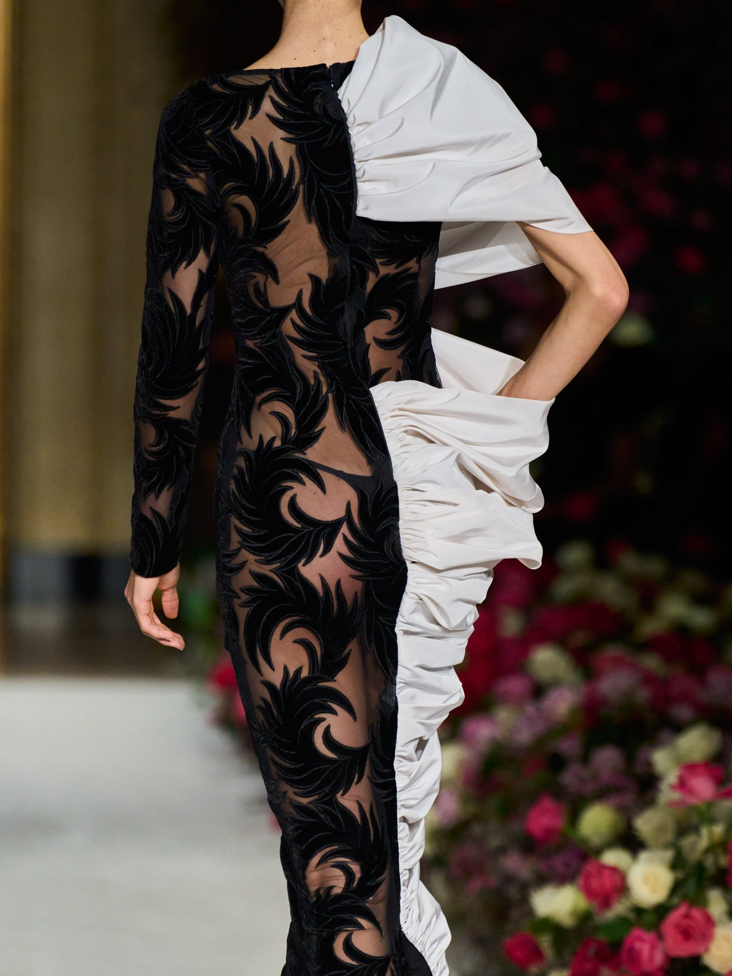 Burnout Velvet Gown with Draped Silk Faille Panel