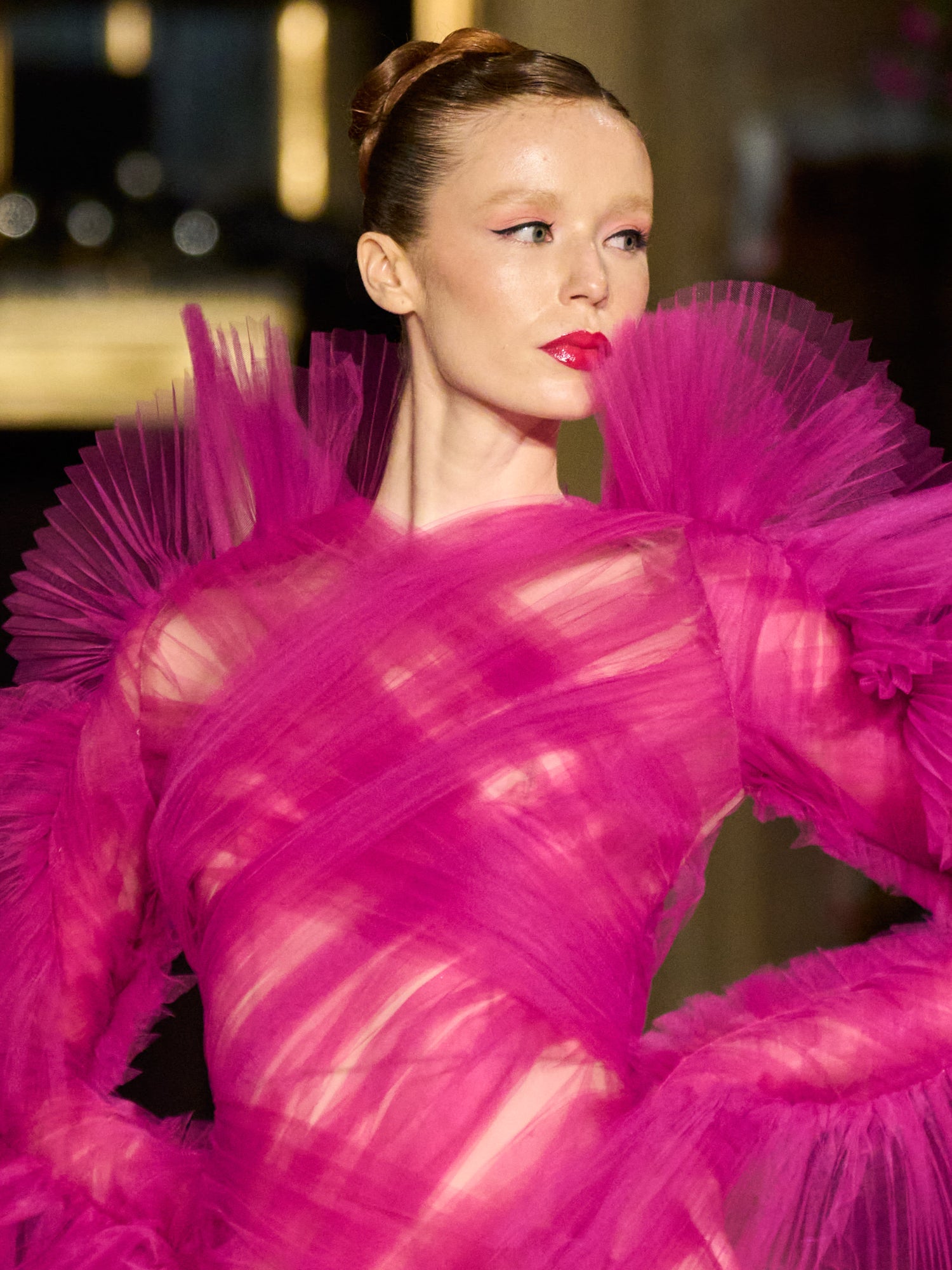 Orchid Draped Tulle Mermaid Gown