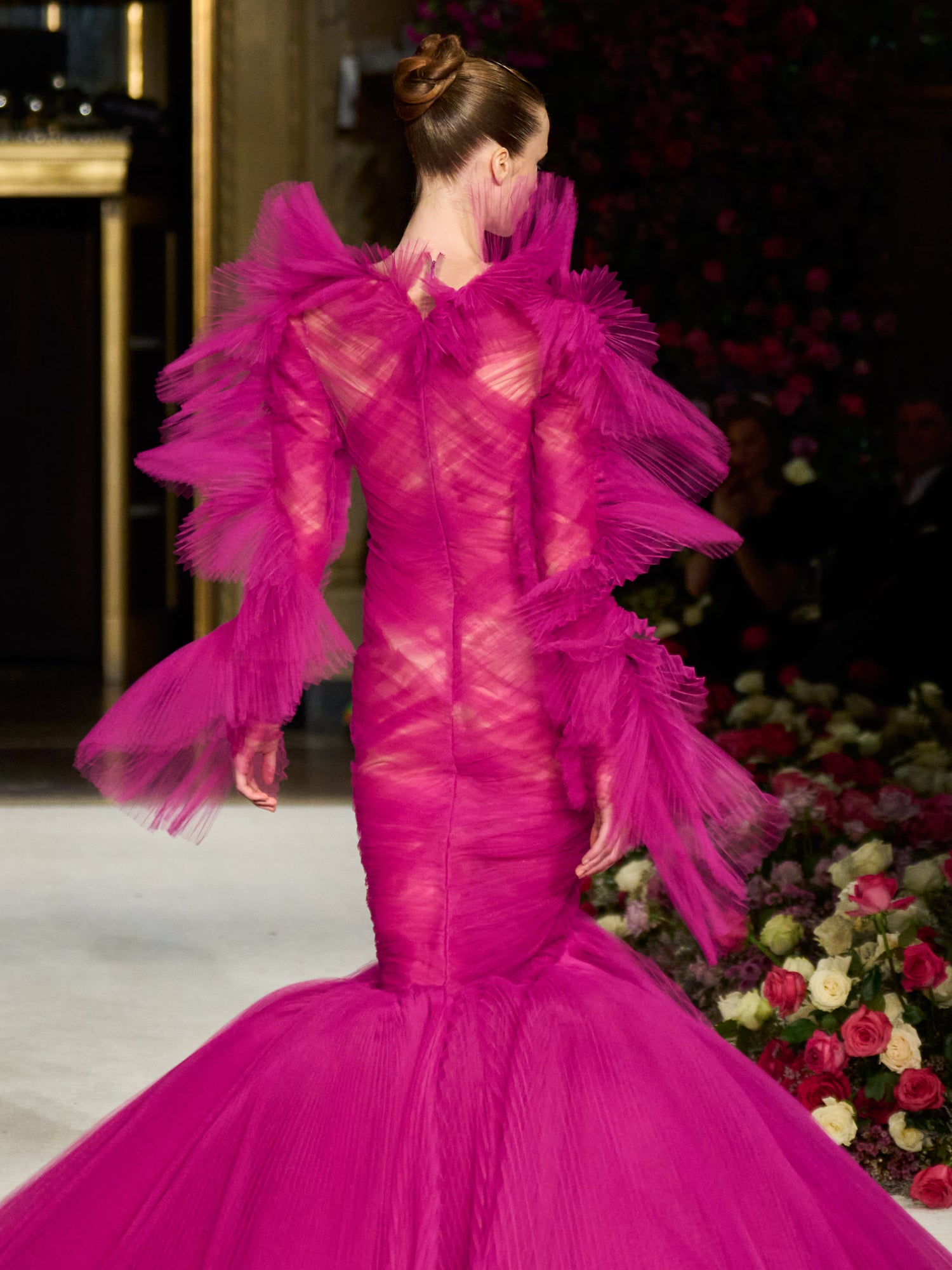 Orchid Draped Tulle Mermaid Gown