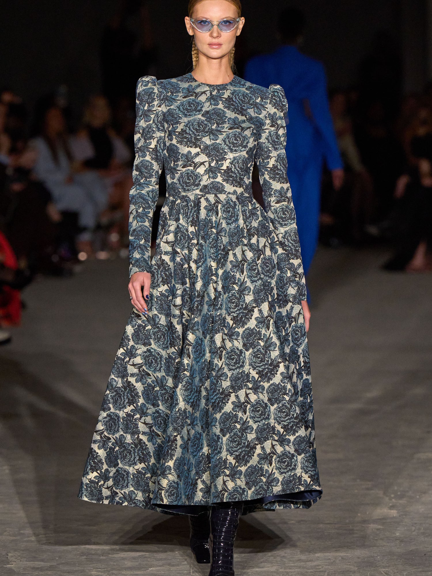 Victorian Blue Floral Puff Shoulder Tea Length Dress