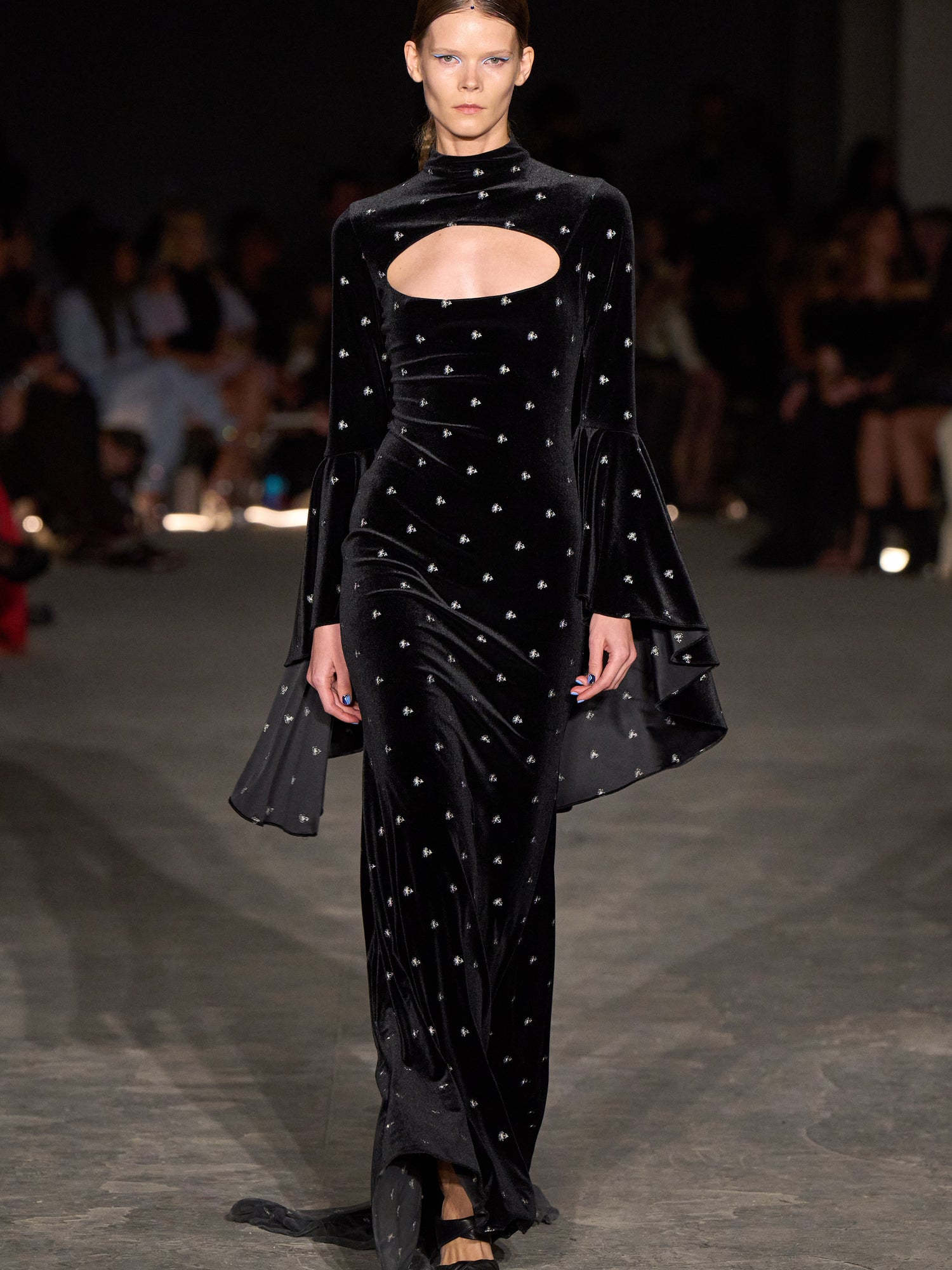 Embellished Velvet Cut Out Cape Long Sleeve Gown