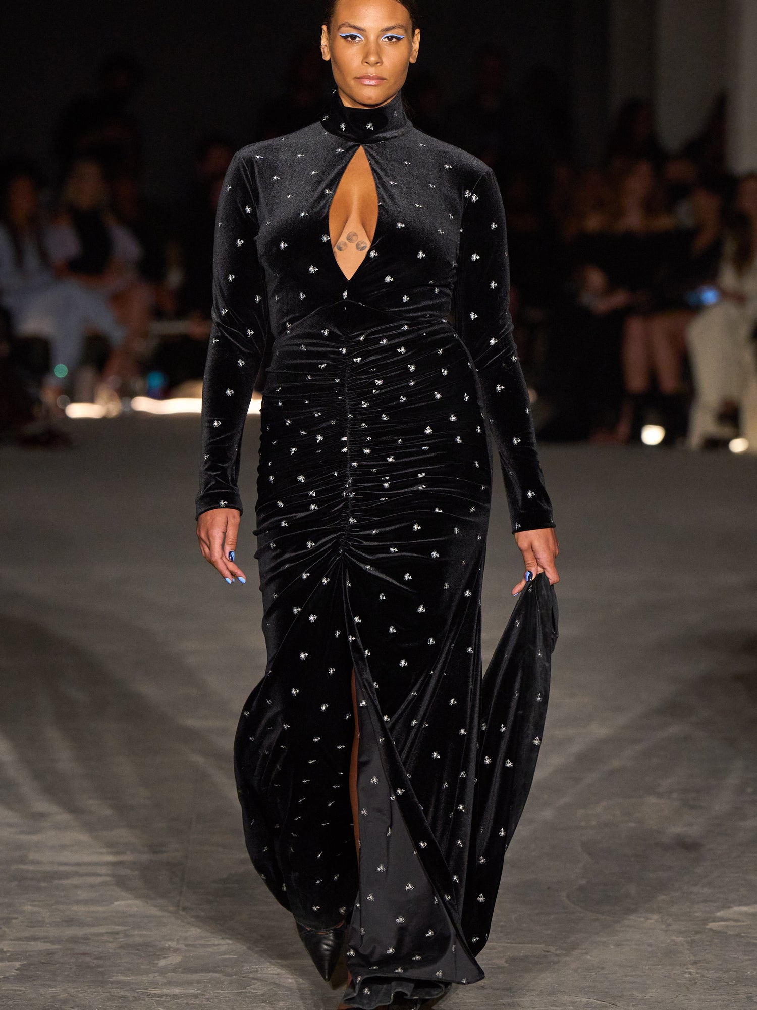 Embellished Velvet Keyhole Ruched Mock Neck Gown