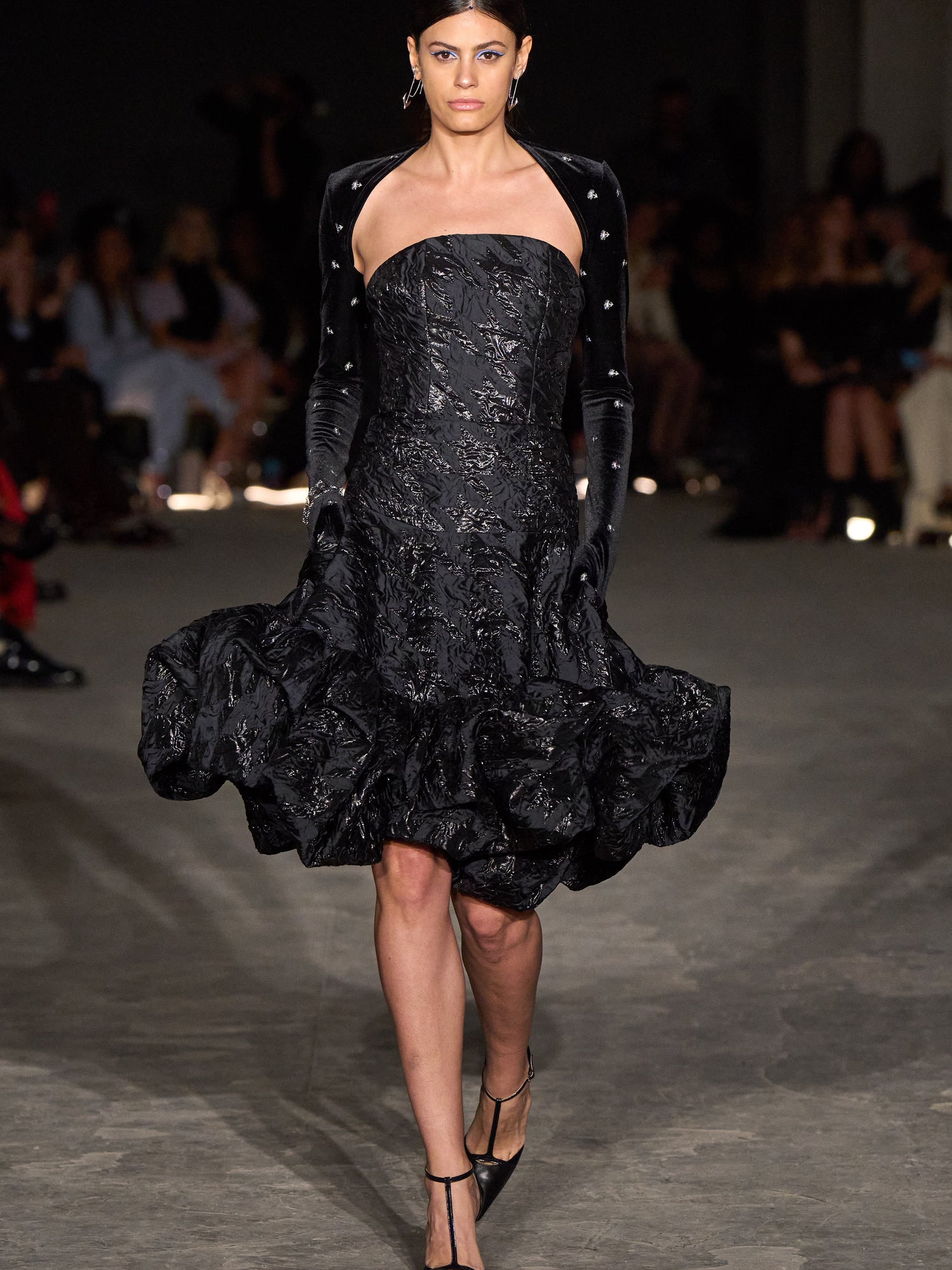 Embossed Shimmer Houndstooth Strapless Bubble Hem Dress