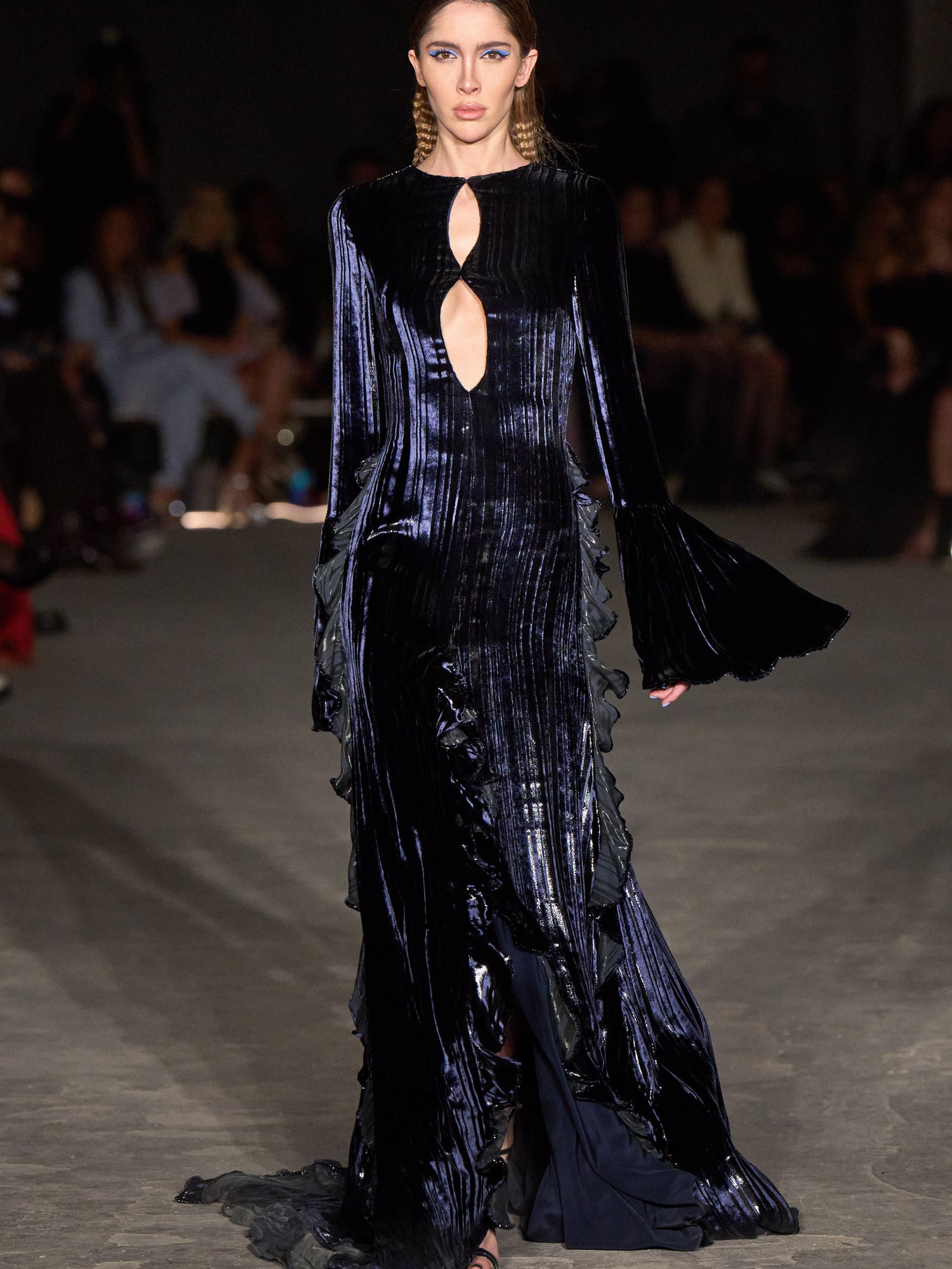 Metallic Velvet Stripe Double Keyhole Ruffled Gown