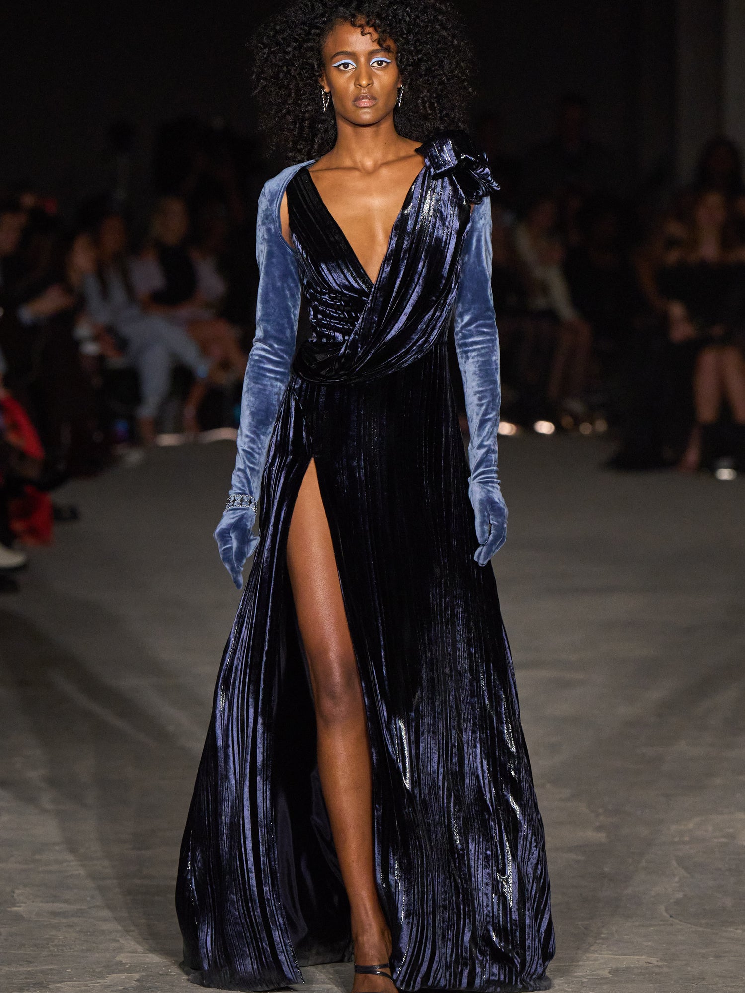 Metallic Velvet Stripe V Neck Draped Gown