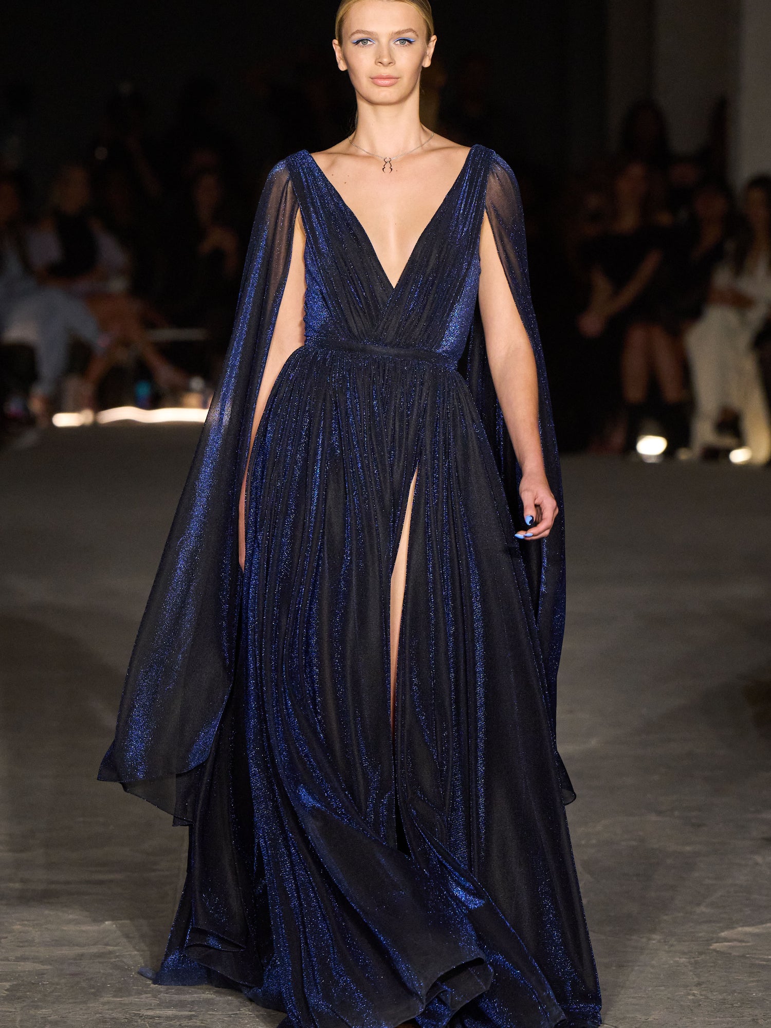 Metallic Chiffon Wing Sleeve Draped Gown