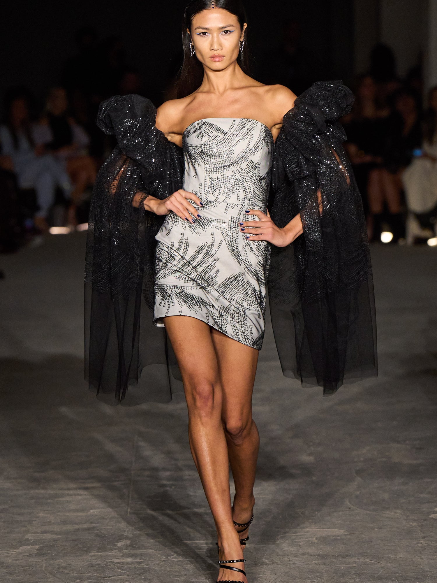 Sequin Sparkle Swirl Mini Dress with Bubble Sleeves