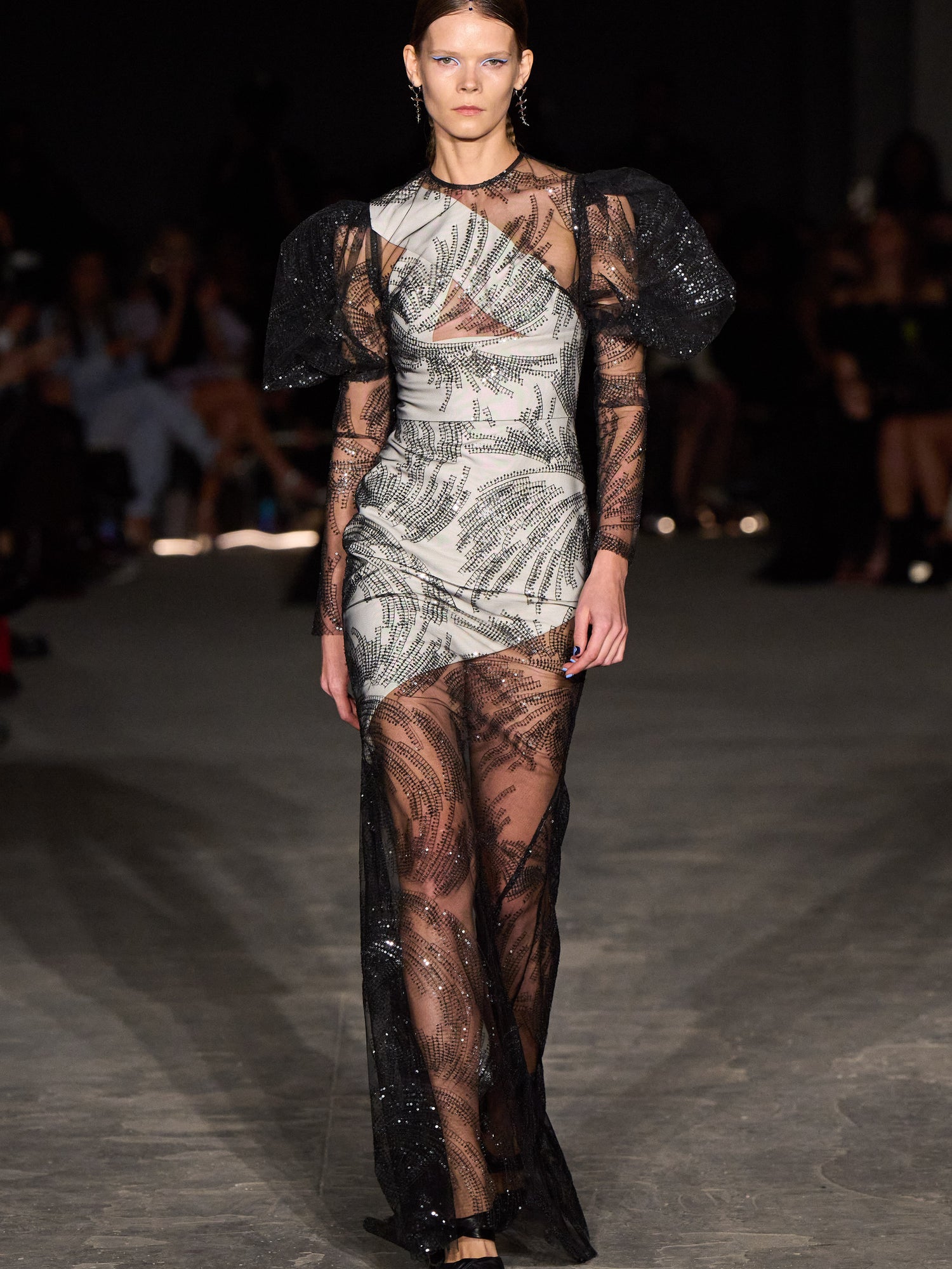 Sequin Sparkle Swirl Puff Sleeve Gown