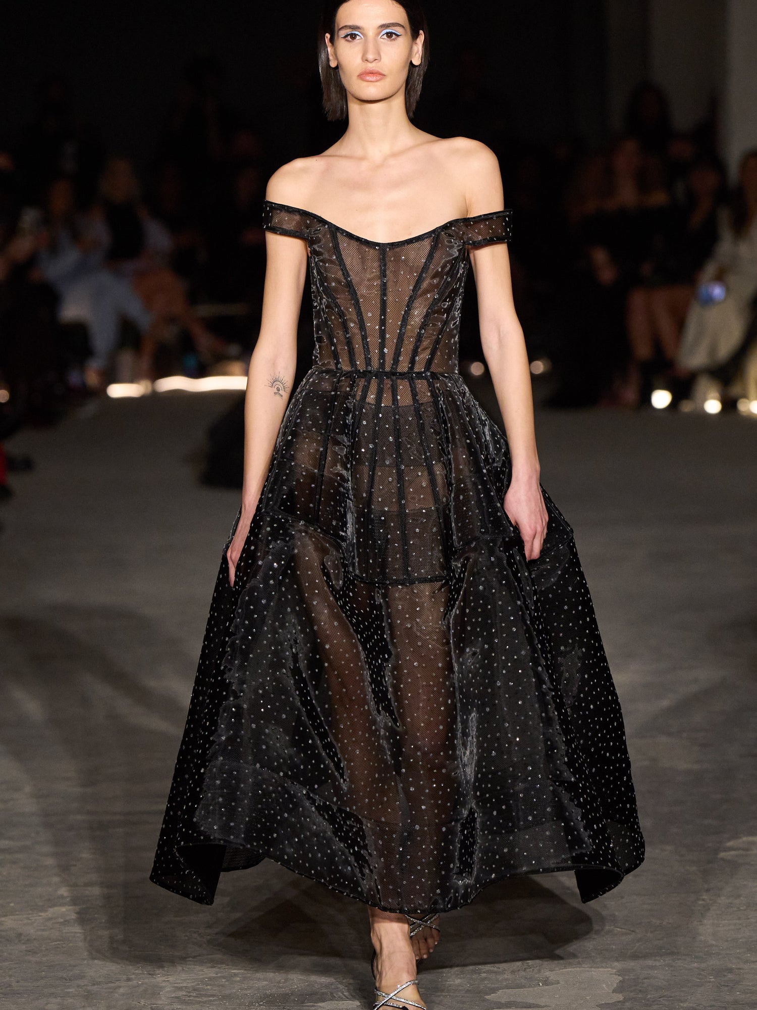 Off the Shoulder Crystallized Mesh Cage Dress