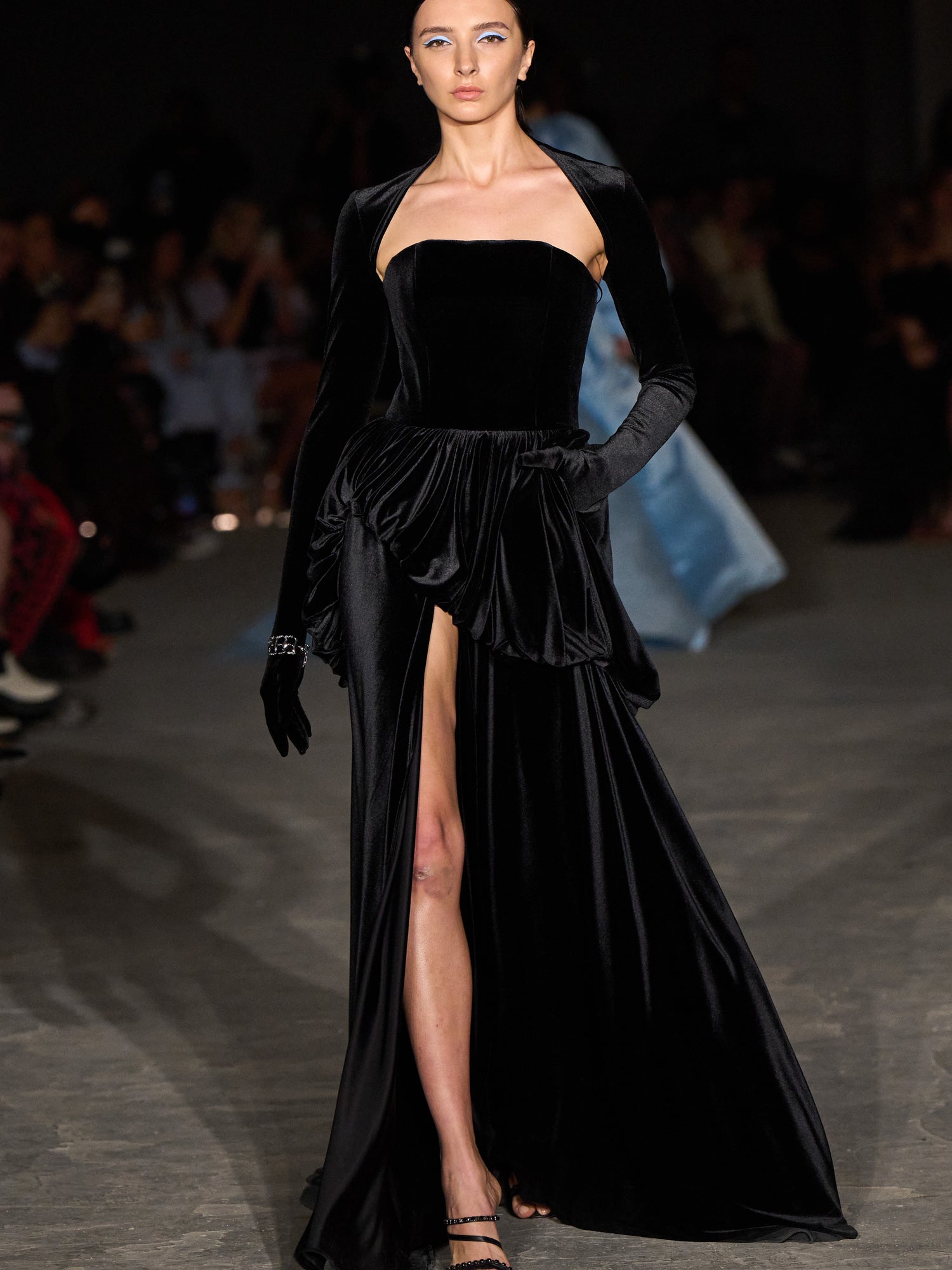 Black Velvet Strapless Bubble Peplum Gown