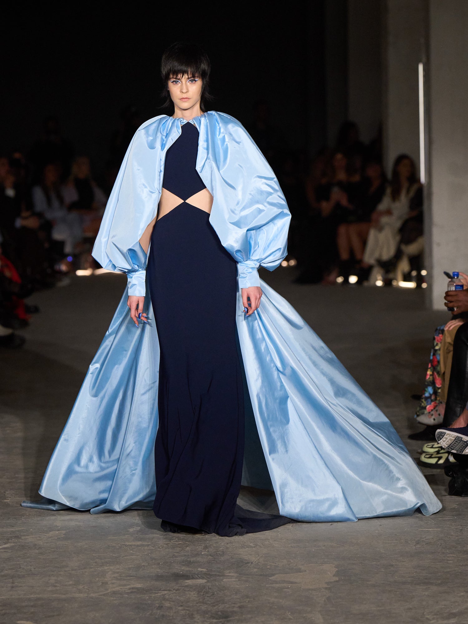 Navy Cut Out Gown with Taffeta Bubble Sleeve Cape