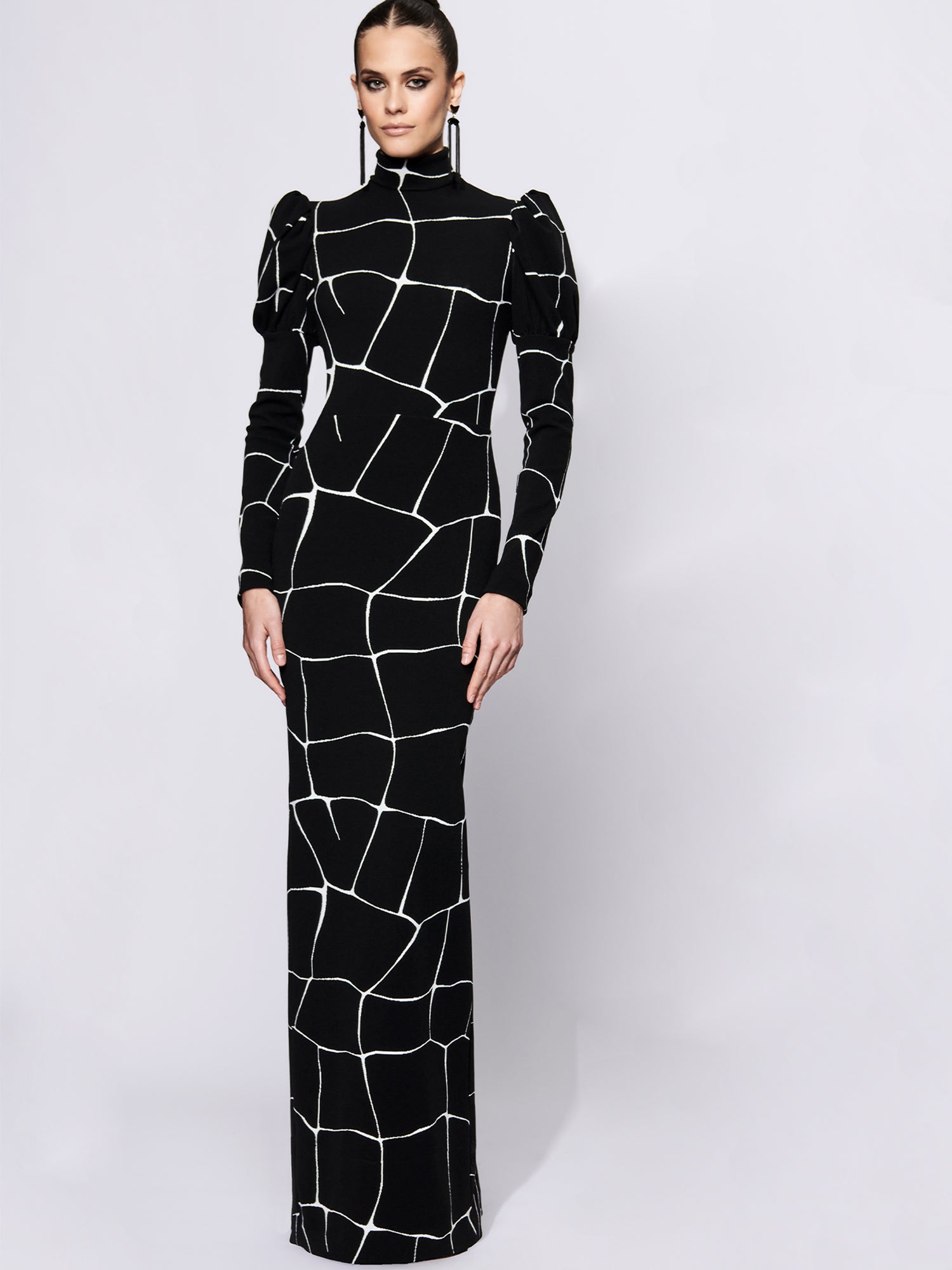 Mock Neck Puff Sleeve Column Gown
