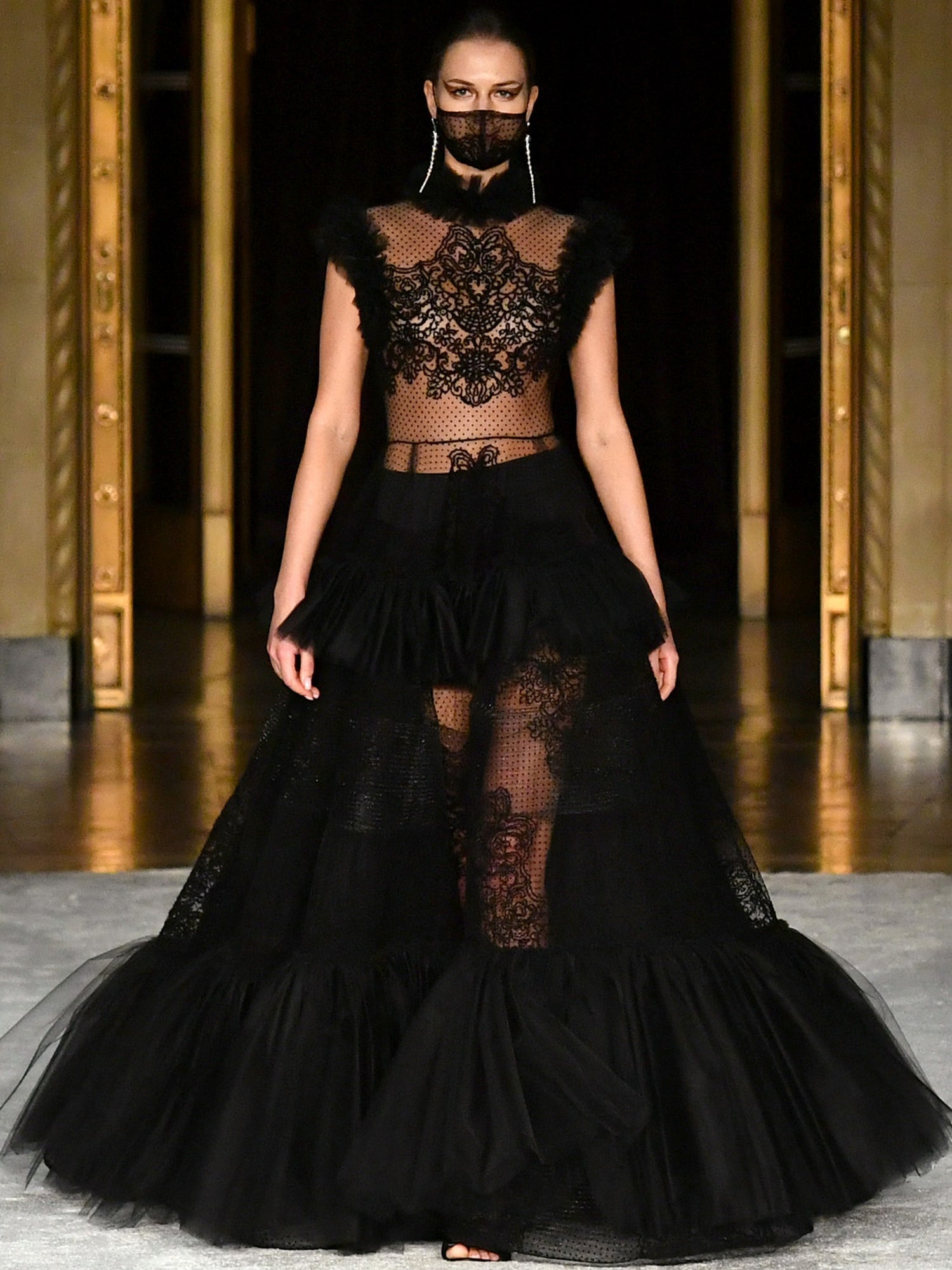 Swiss Dot and Lace Tiered Tulle Detail Gown