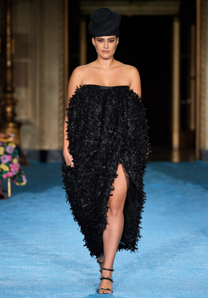 Strapless Textured Ribbon Tulle Dress with High Slit