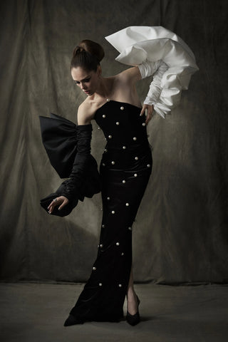 Black Velvet Pearl Embroidered Gown