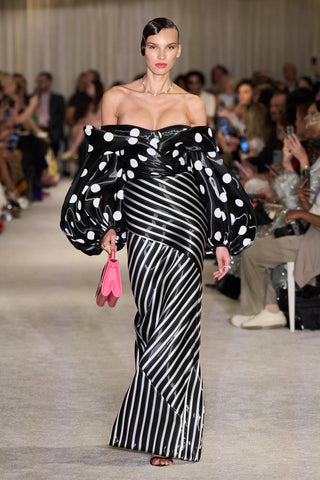 Black and White Stripe & Polka Dot Liquid Organza Balloon Sleeve Off the Shoulder Gown