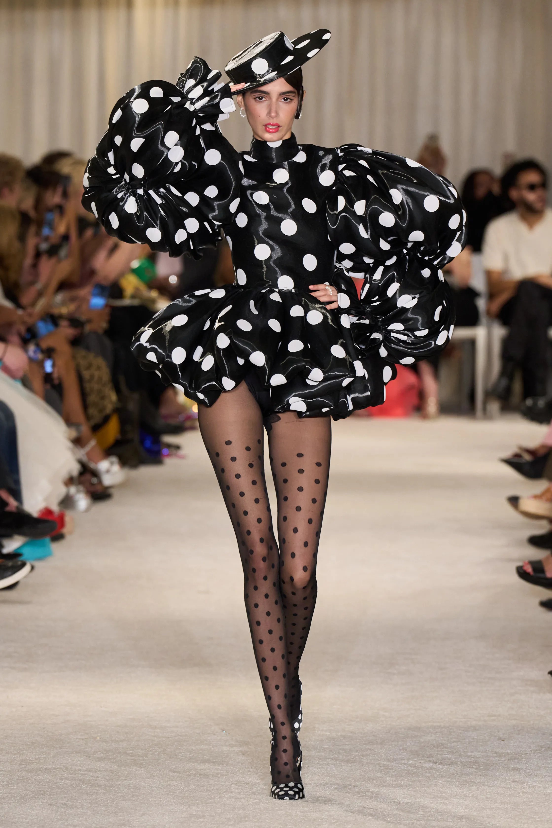 black and white a line dress Black and White Liquid Organza Polka Dot Bubble Mini Dress