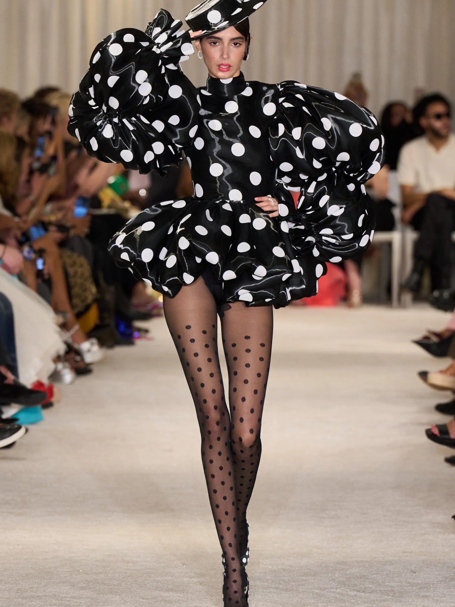 Black and White Liquid Organza Polka Dot Bubble Mini Dress