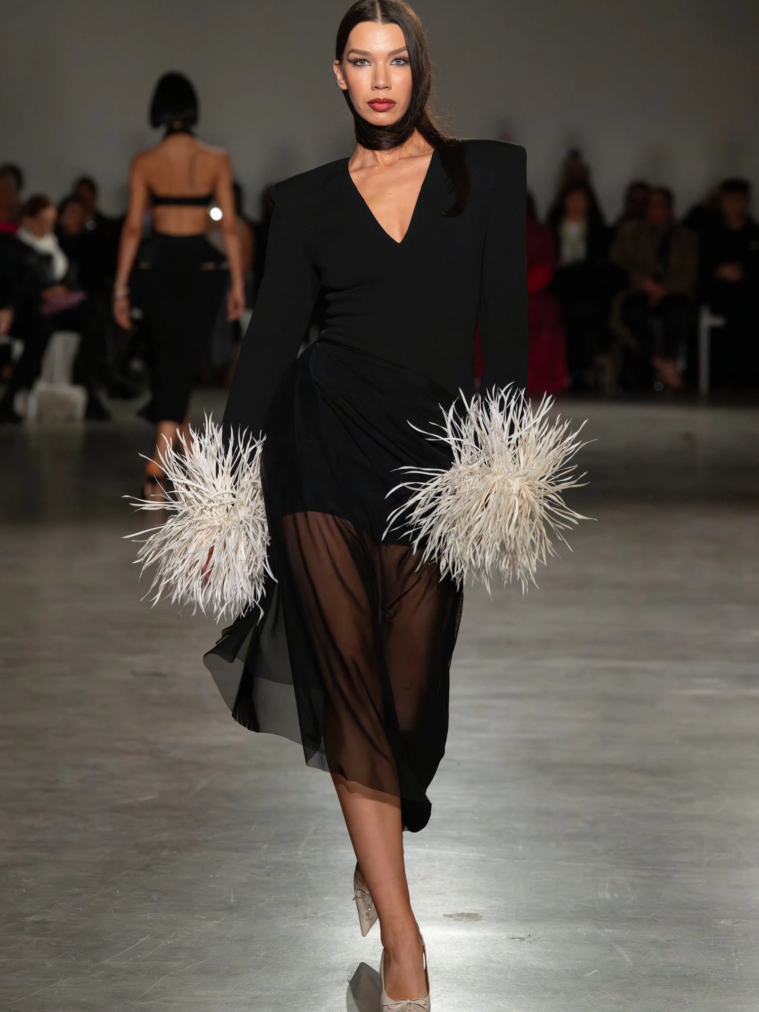 Black Feather Long Sleeve Mesh Draped Dress